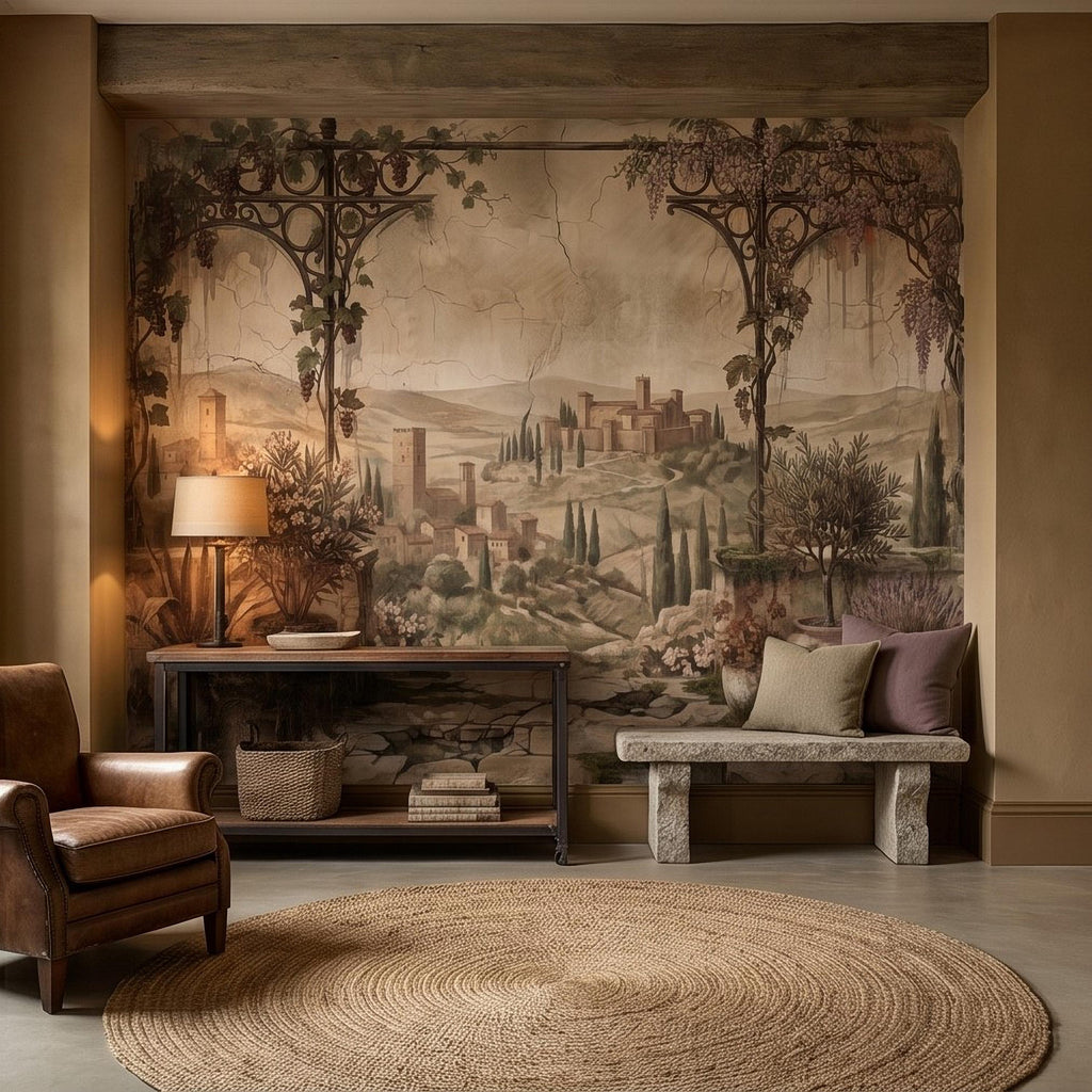 Vineyard Grapevine Pergola Terrace Peel and Stick Wall Mural, Tuscan Countryside with Cypress Hills, Vintage Fresco Garden Scene Wallpaper