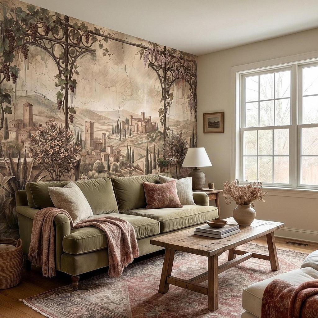 Vineyard Grapevine Pergola Terrace Peel and Stick Wall Mural, Tuscan Countryside with Cypress Hills, Vintage Fresco Garden Scene Wallpaper