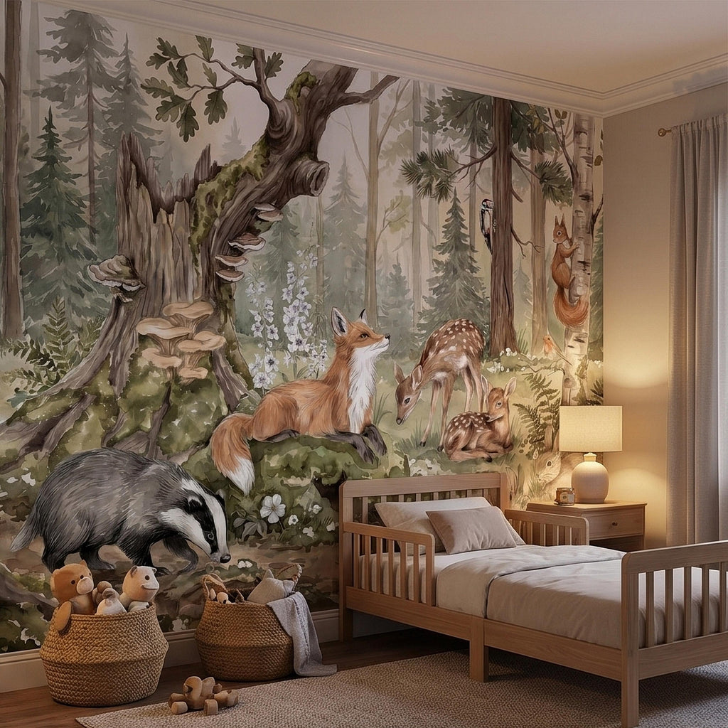 Woodland Animals Peel and Stick Wall Mural, Watercolor Fox Deer Rabbits Squirrel Forest Scene, Neutral Sage Green Whimsical Kids Wallpaper