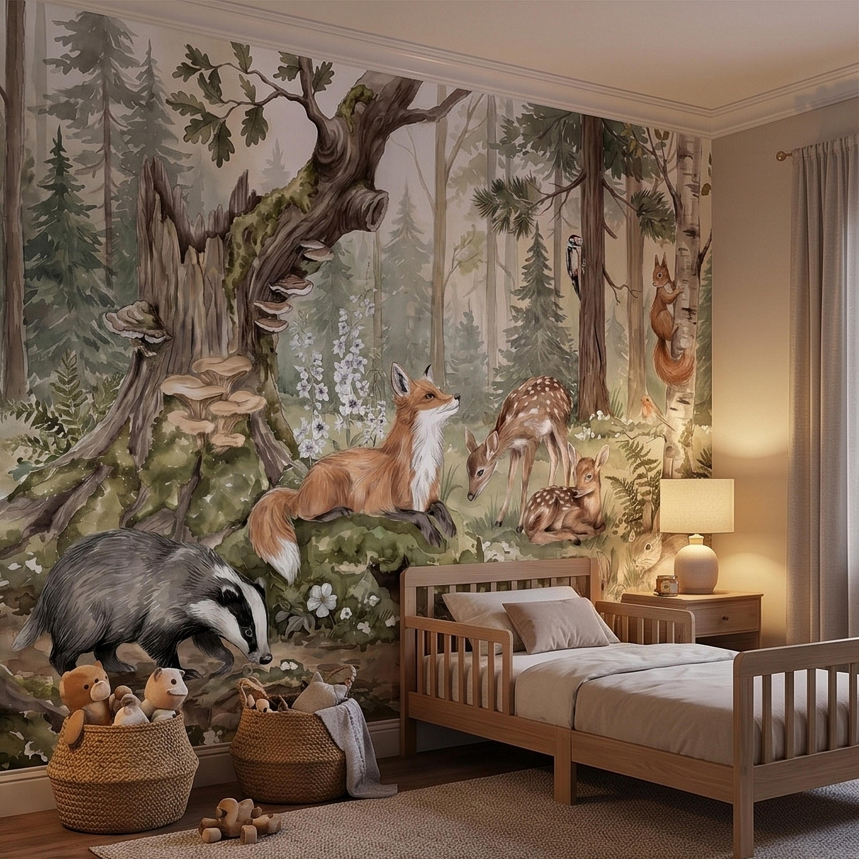 Woodland Animals Peel and Stick Wall Mural, Watercolor Fox Deer Rabbits Squirrel Forest Scene, Neutral Sage Green Whimsical Kids Wallpaper