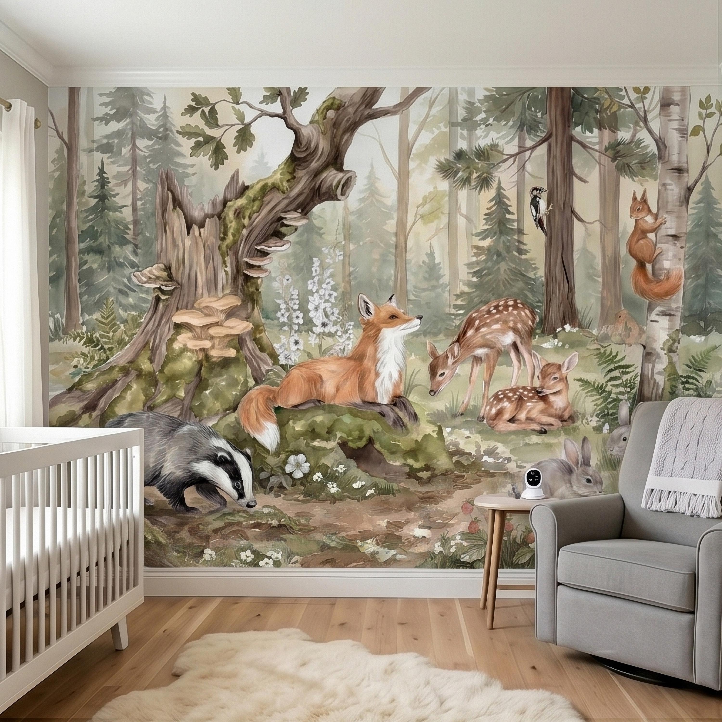 Woodland Animals Peel and Stick Wall Mural, Watercolor Fox Deer Rabbits Squirrel Forest Scene, Neutral Sage Green Whimsical Kids Wallpaper