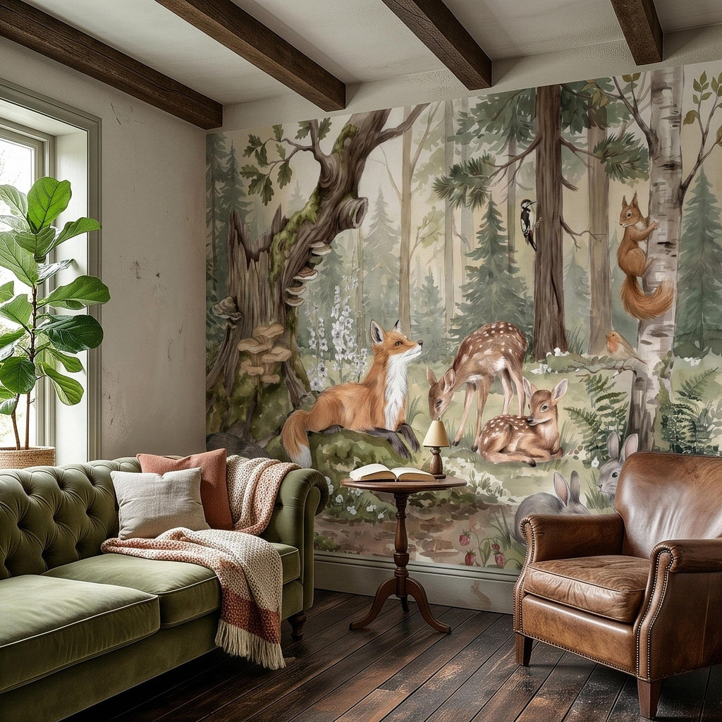 Woodland Animals Peel and Stick Wall Mural, Watercolor Fox Deer Rabbits Squirrel Forest Scene, Neutral Sage Green Whimsical Kids Wallpaper
