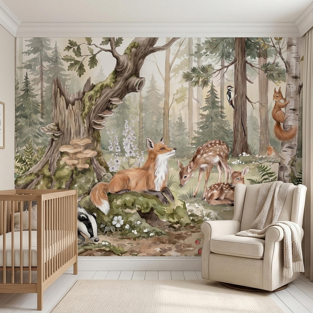 Woodland Animals Peel and Stick Wall Mural, Watercolor Fox Deer Rabbits Squirrel Forest Scene, Neutral Sage Green Whimsical Kids Wallpaper