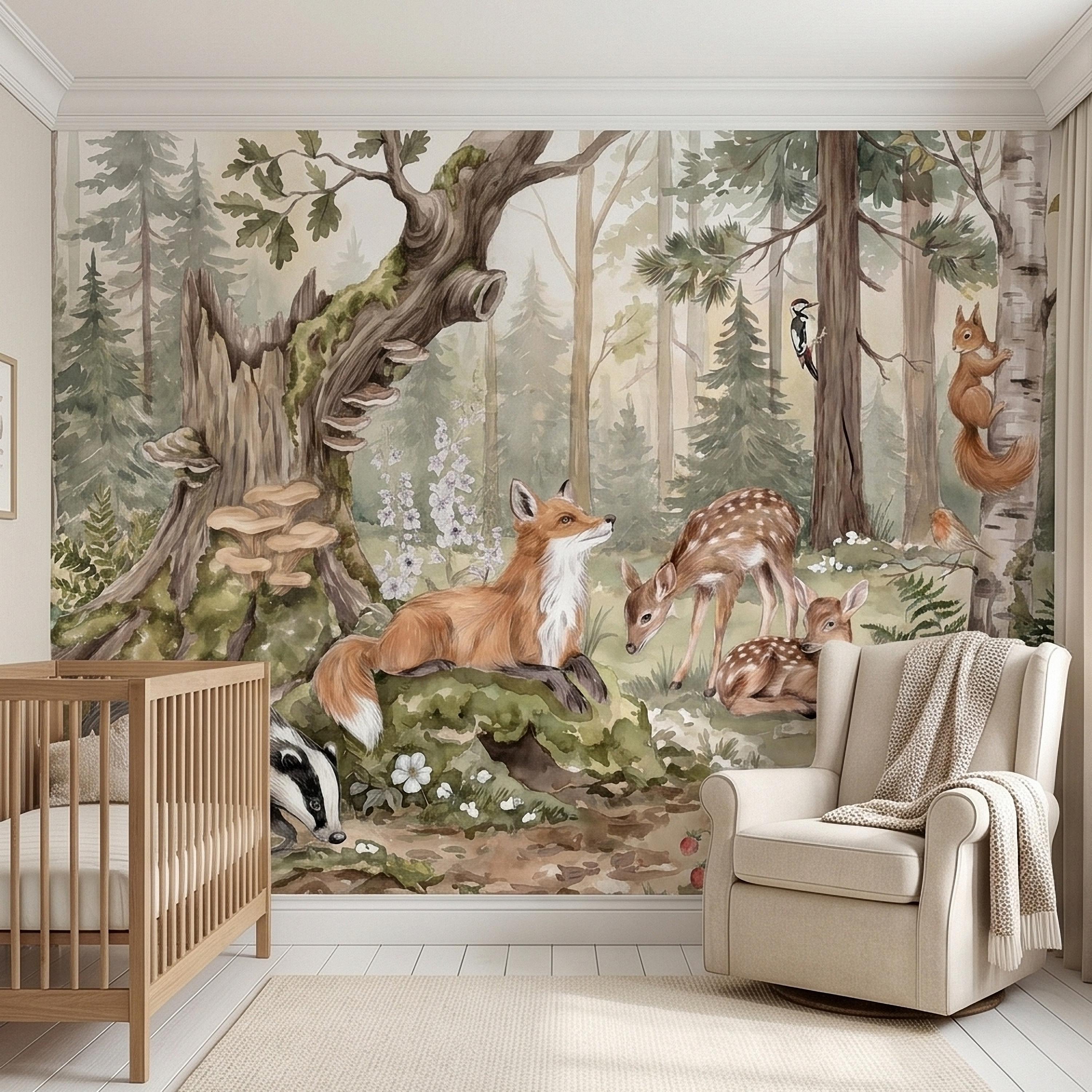 Woodland Animals Peel and Stick Wall Mural, Watercolor Fox Deer Rabbits Squirrel Forest Scene, Neutral Sage Green Whimsical Kids Wallpaper