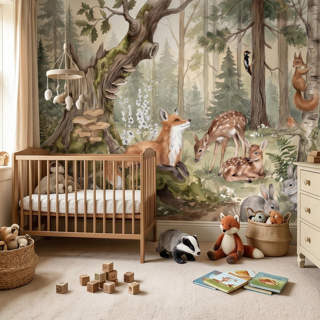 Woodland Animals Peel and Stick Wall Mural, Watercolor Fox Deer Rabbits Squirrel Forest Scene, Neutral Sage Green Whimsical Kids Wallpaper