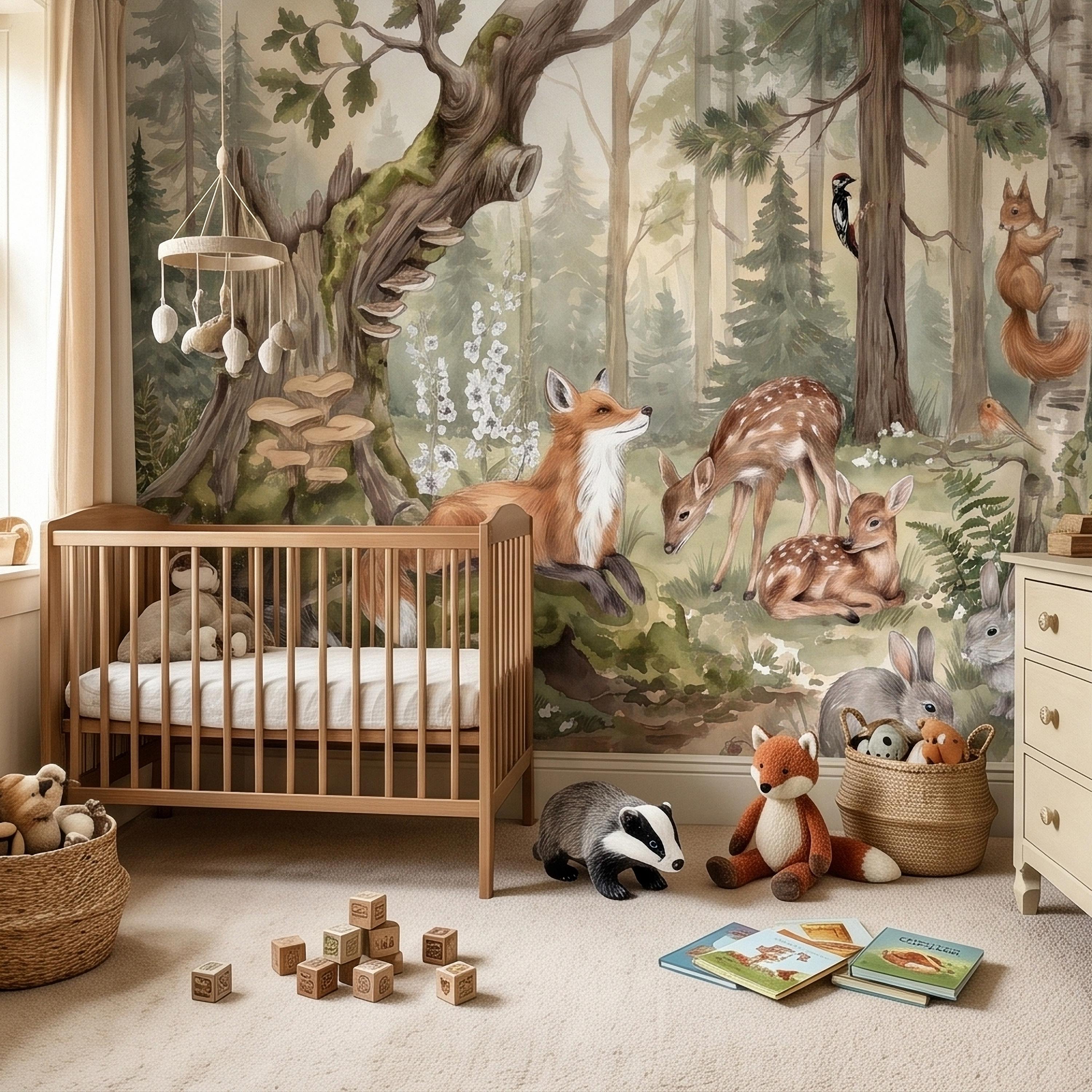Woodland Animals Peel and Stick Wall Mural, Watercolor Fox Deer Rabbits Squirrel Forest Scene, Neutral Sage Green Whimsical Kids Wallpaper