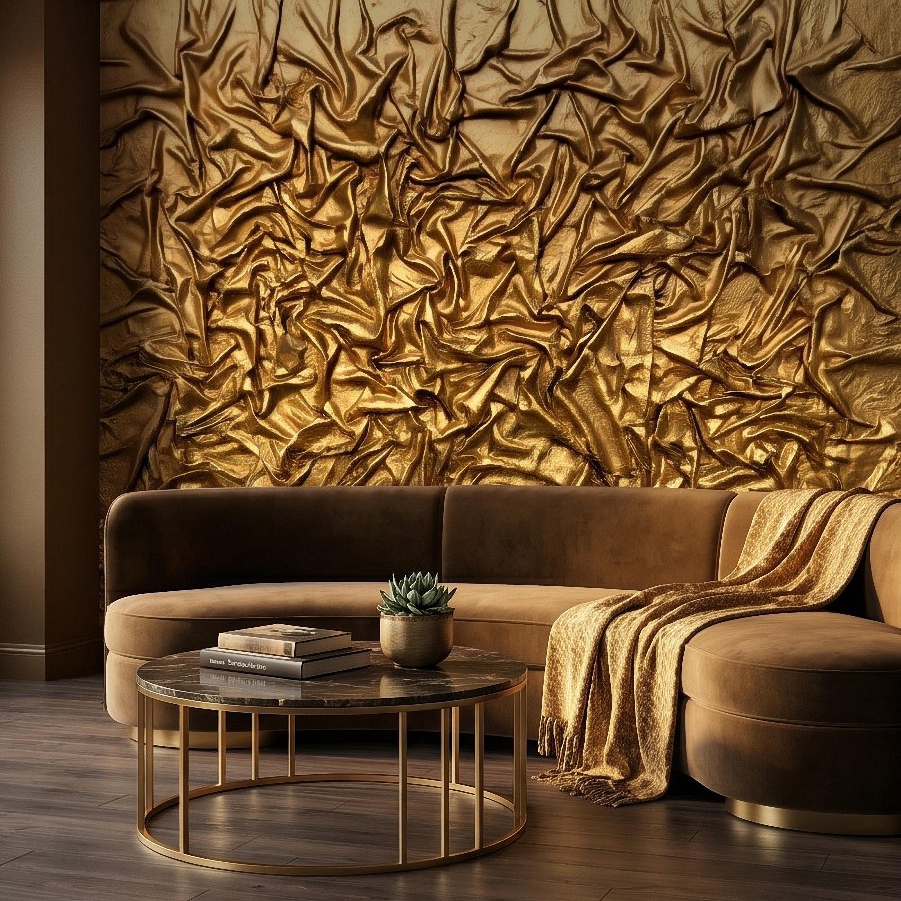 Golden Crumpled Fabric Relief Peel and Stick Wall Mural, 3D Abstract Gold Foil Structural Art, Wrinkled Gilded Texture Art Deco Wallpaper