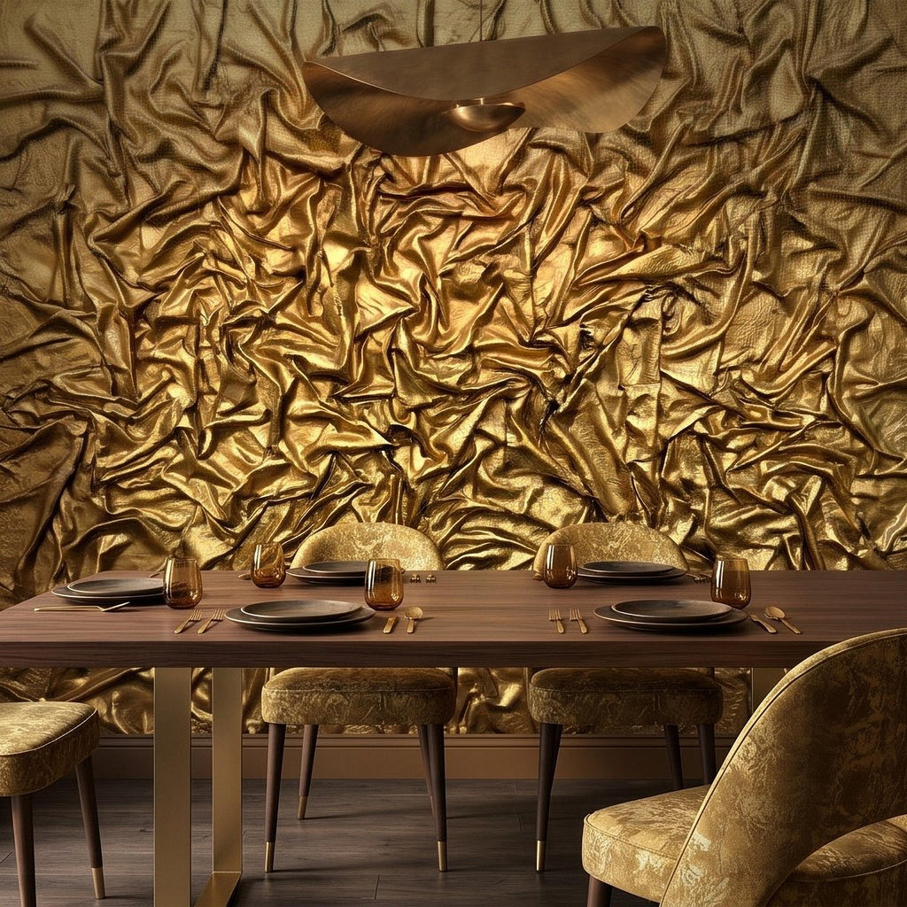 Golden Crumpled Fabric Relief Peel and Stick Wall Mural, 3D Abstract Gold Foil Structural Art, Wrinkled Gilded Texture Art Deco Wallpaper