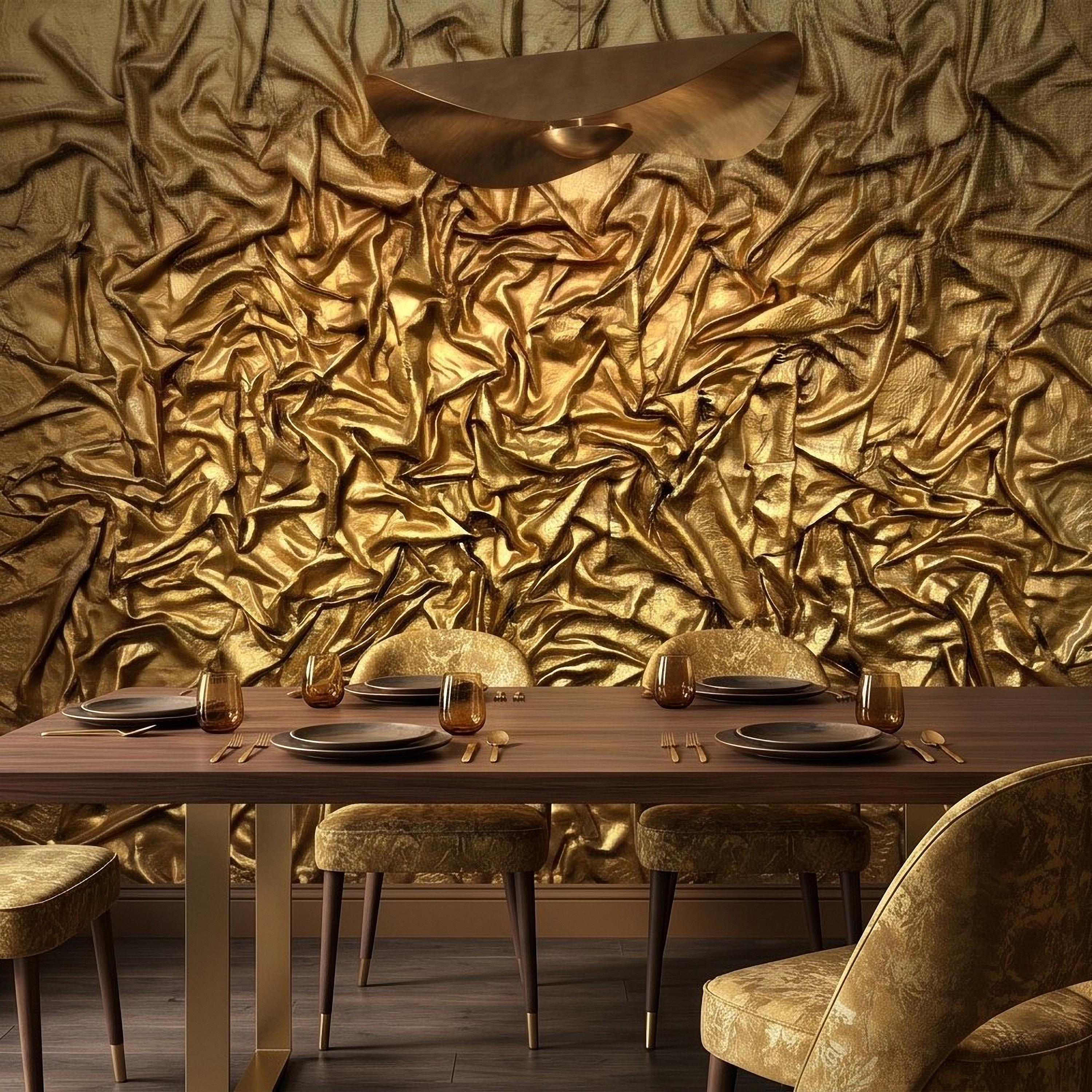 Golden Crumpled Fabric Relief Peel and Stick Wall Mural, 3D Abstract Gold Foil Structural Art, Wrinkled Gilded Texture Art Deco Wallpaper