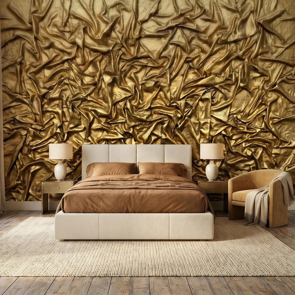Golden Crumpled Fabric Relief Peel and Stick Wall Mural, 3D Abstract Gold Foil Structural Art, Wrinkled Gilded Texture Art Deco Wallpaper