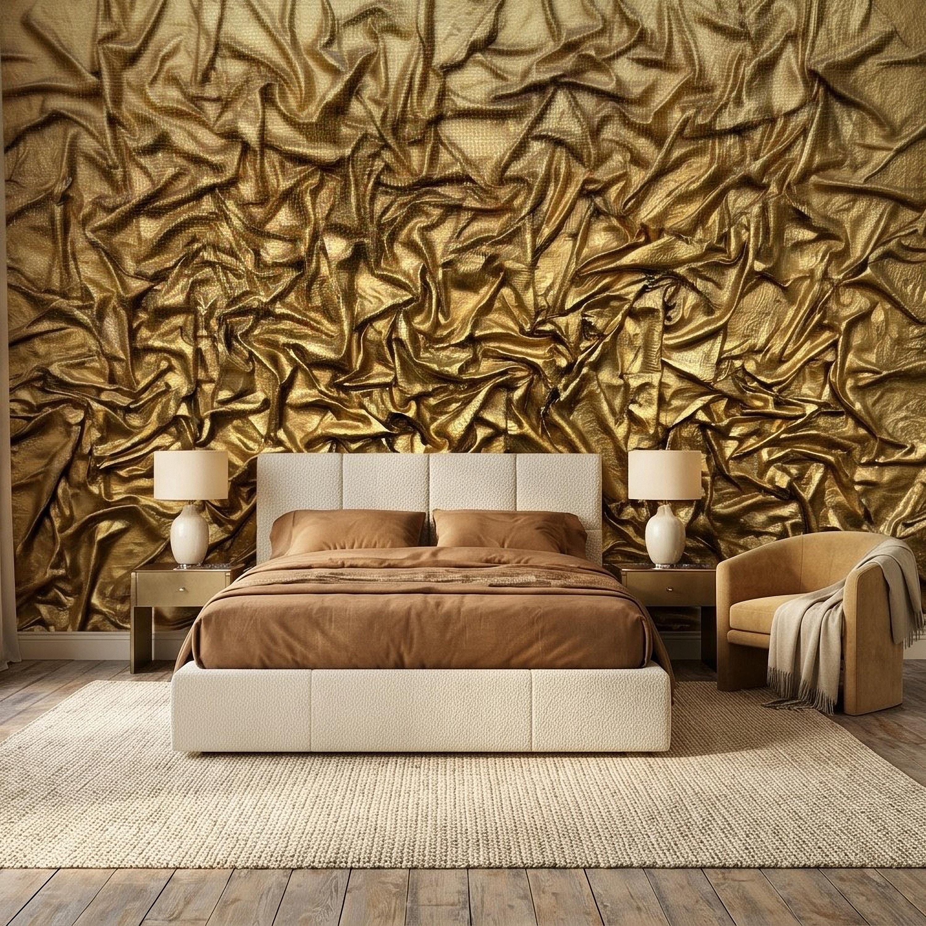 Golden Crumpled Fabric Relief Peel and Stick Wall Mural, 3D Abstract Gold Foil Structural Art, Wrinkled Gilded Texture Art Deco Wallpaper