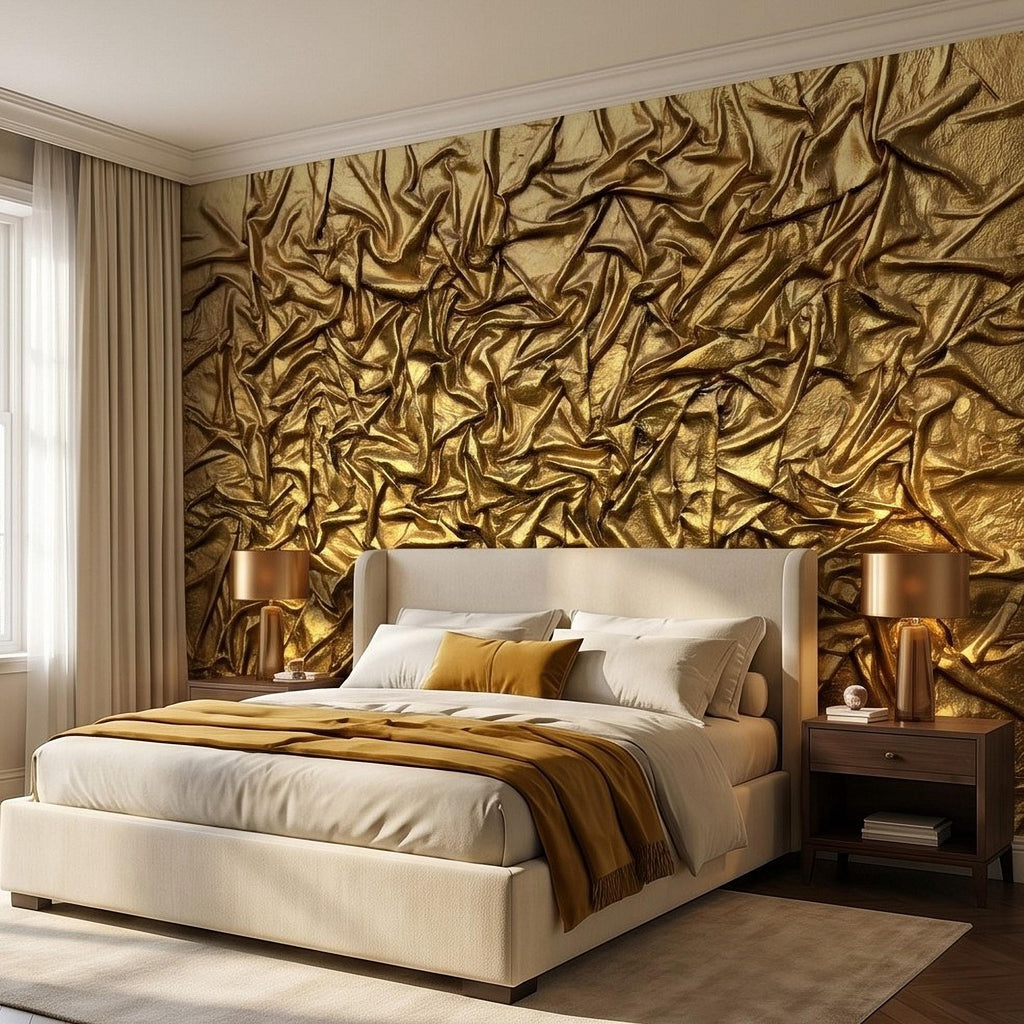 Golden Crumpled Fabric Relief Peel and Stick Wall Mural, 3D Abstract Gold Foil Structural Art, Wrinkled Gilded Texture Art Deco Wallpaper