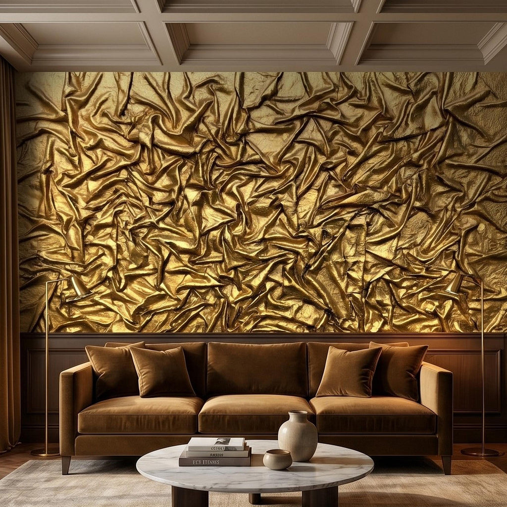 Golden Crumpled Fabric Relief Peel and Stick Wall Mural, 3D Abstract Gold Foil Structural Art, Wrinkled Gilded Texture Art Deco Wallpaper