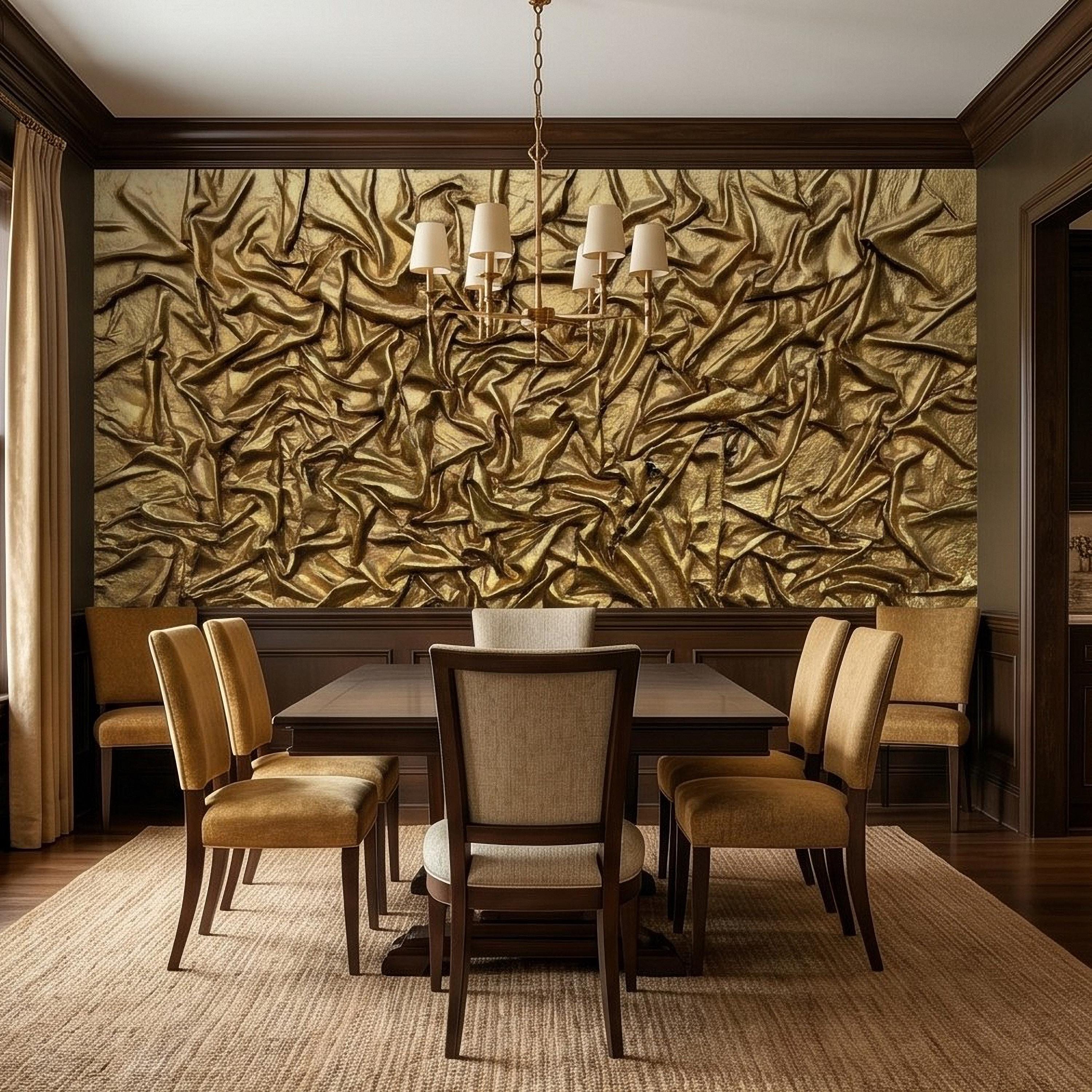 Golden Crumpled Fabric Relief Peel and Stick Wall Mural, 3D Abstract Gold Foil Structural Art, Wrinkled Gilded Texture Art Deco Wallpaper