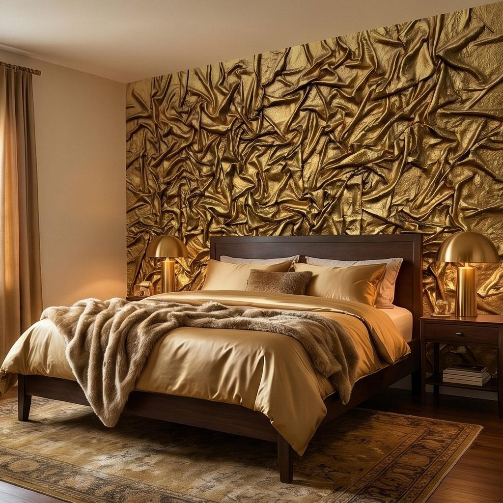 Golden Crumpled Fabric Relief Peel and Stick Wall Mural, 3D Abstract Gold Foil Structural Art, Wrinkled Gilded Texture Art Deco Wallpaper