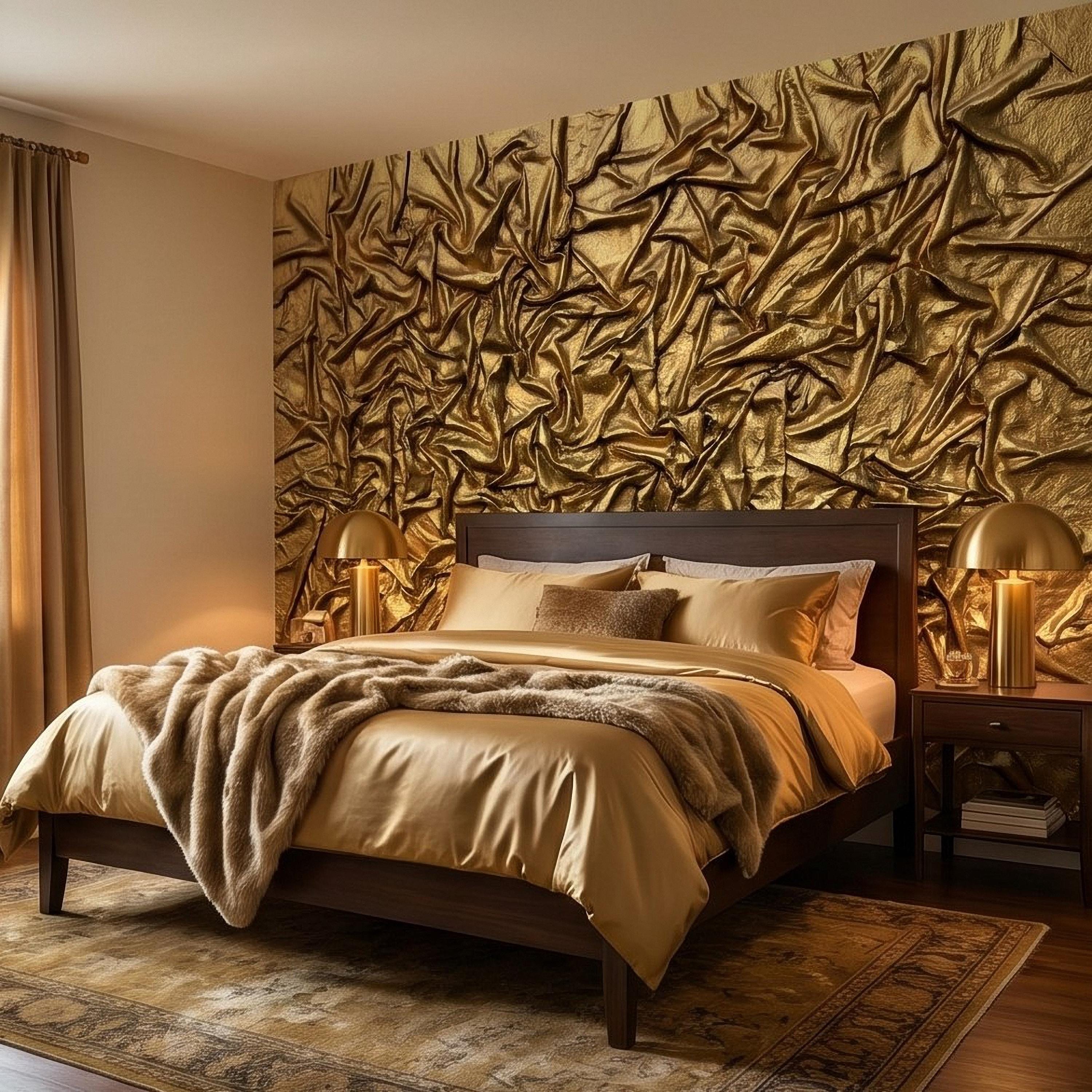 Golden Crumpled Fabric Relief Peel and Stick Wall Mural, 3D Abstract Gold Foil Structural Art, Wrinkled Gilded Texture Art Deco Wallpaper