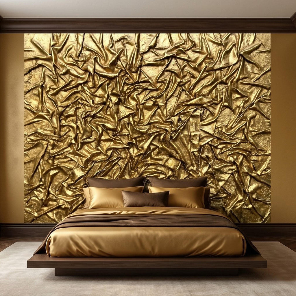 Golden Crumpled Fabric Relief Peel and Stick Wall Mural, 3D Abstract Gold Foil Structural Art, Wrinkled Gilded Texture Art Deco Wallpaper