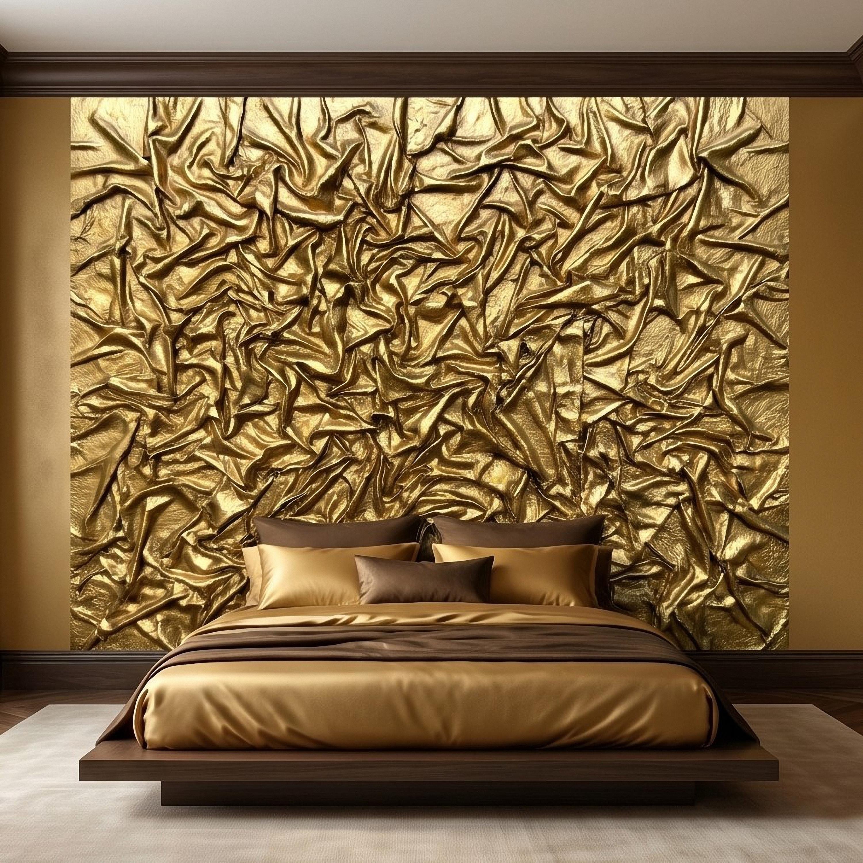 Golden Crumpled Fabric Relief Peel and Stick Wall Mural, 3D Abstract Gold Foil Structural Art, Wrinkled Gilded Texture Art Deco Wallpaper