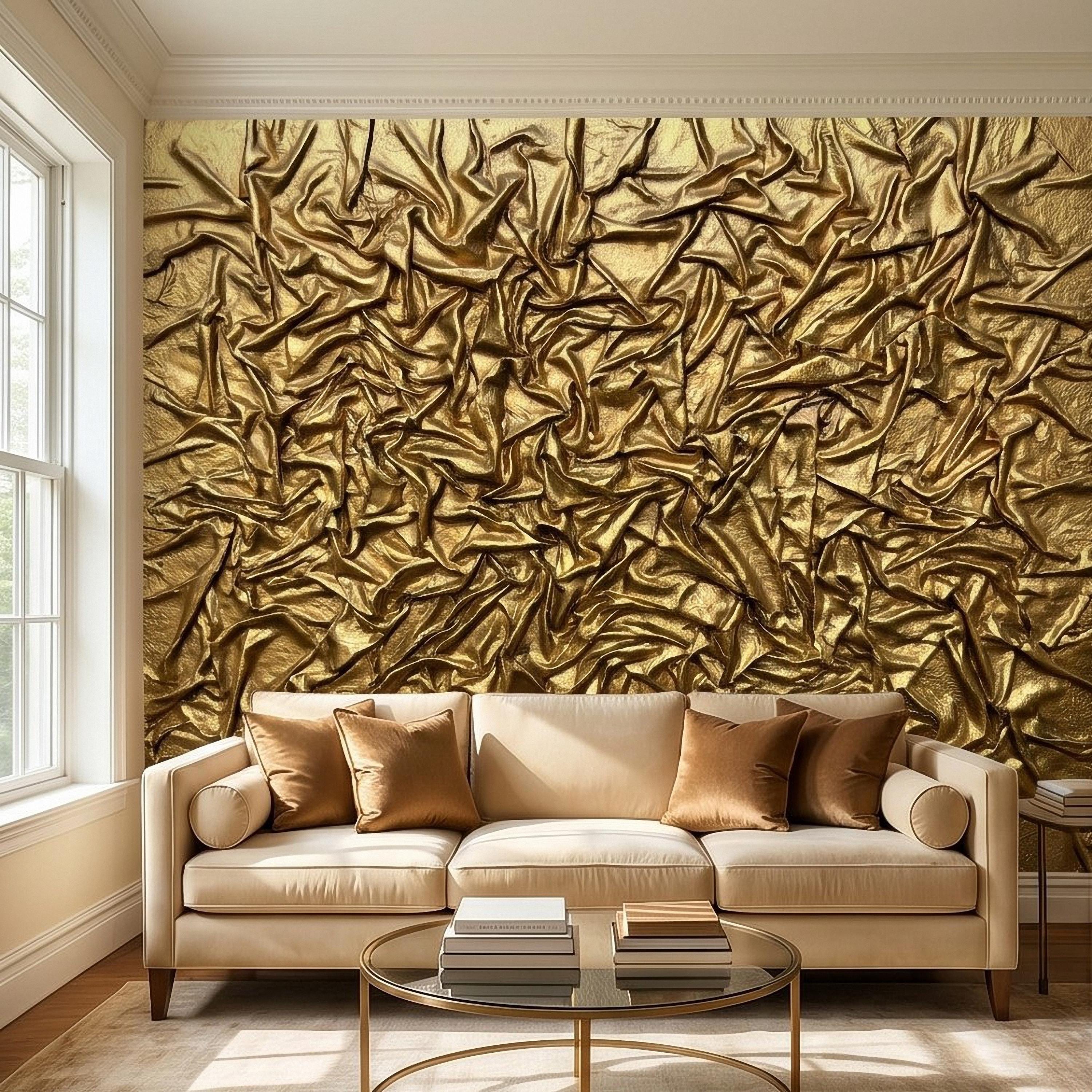 Golden Crumpled Fabric Relief Peel and Stick Wall Mural, 3D Abstract Gold Foil Structural Art, Wrinkled Gilded Texture Art Deco Wallpaper