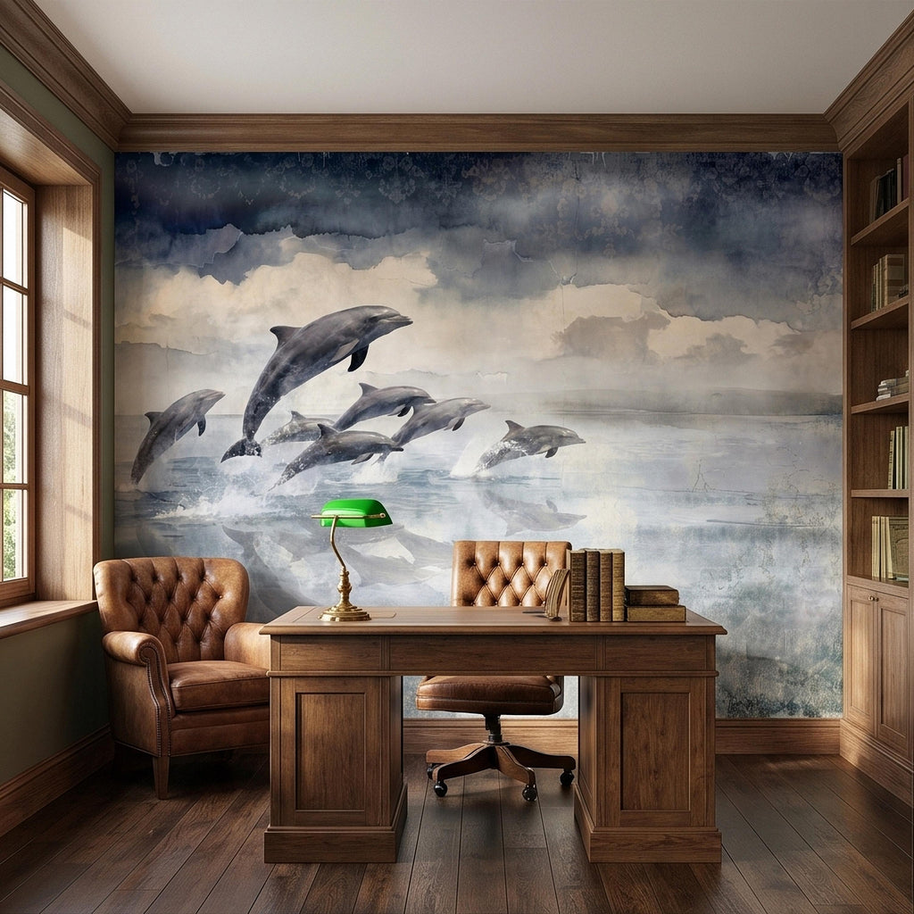 Watercolor Dolphins Ocean Peel and Stick Wall Mural, Blue Gray Seascape Coastal Nautical Sea Life, Misty Dreamy Clouds Ocean Waves Wallpaper