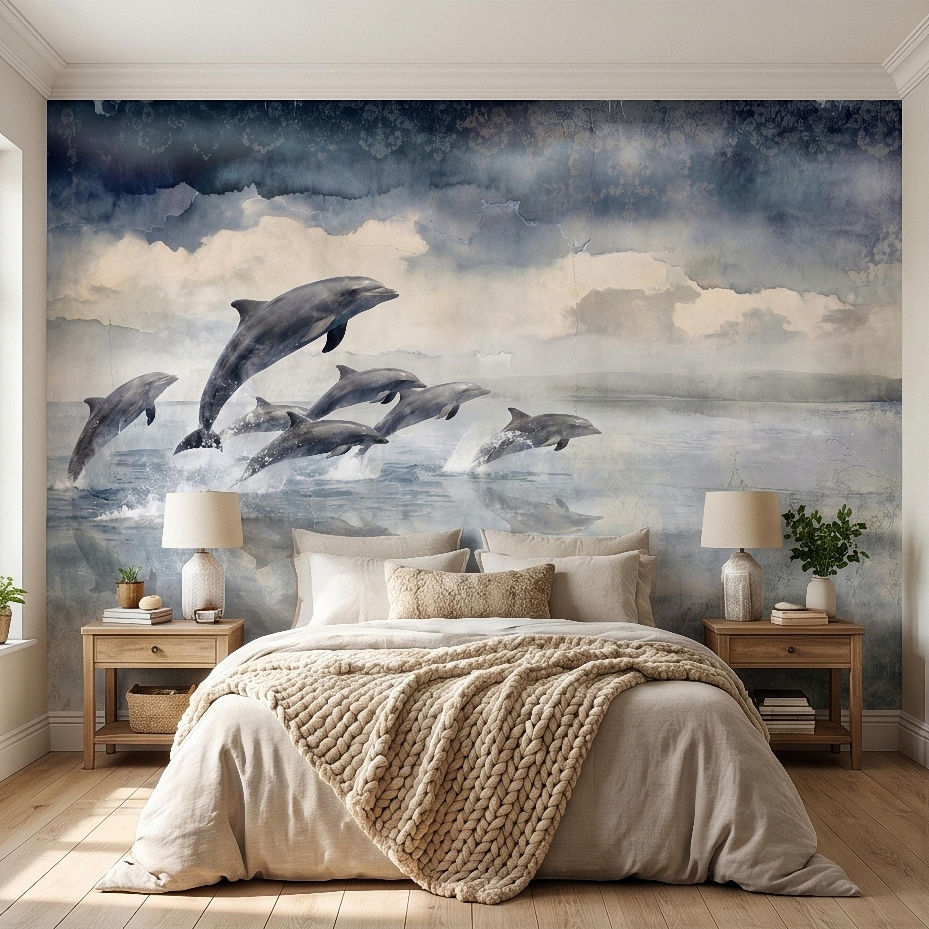 Watercolor Dolphins Ocean Peel and Stick Wall Mural, Blue Gray Seascape Coastal Nautical Sea Life, Misty Dreamy Clouds Ocean Waves Wallpaper