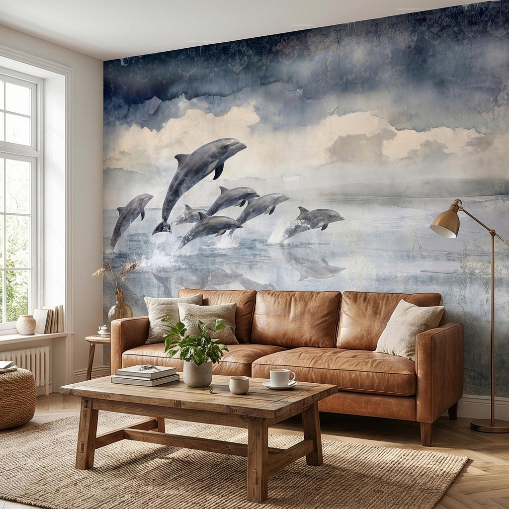 Watercolor Dolphins Ocean Peel and Stick Wall Mural, Blue Gray Seascape Coastal Nautical Sea Life, Misty Dreamy Clouds Ocean Waves Wallpaper