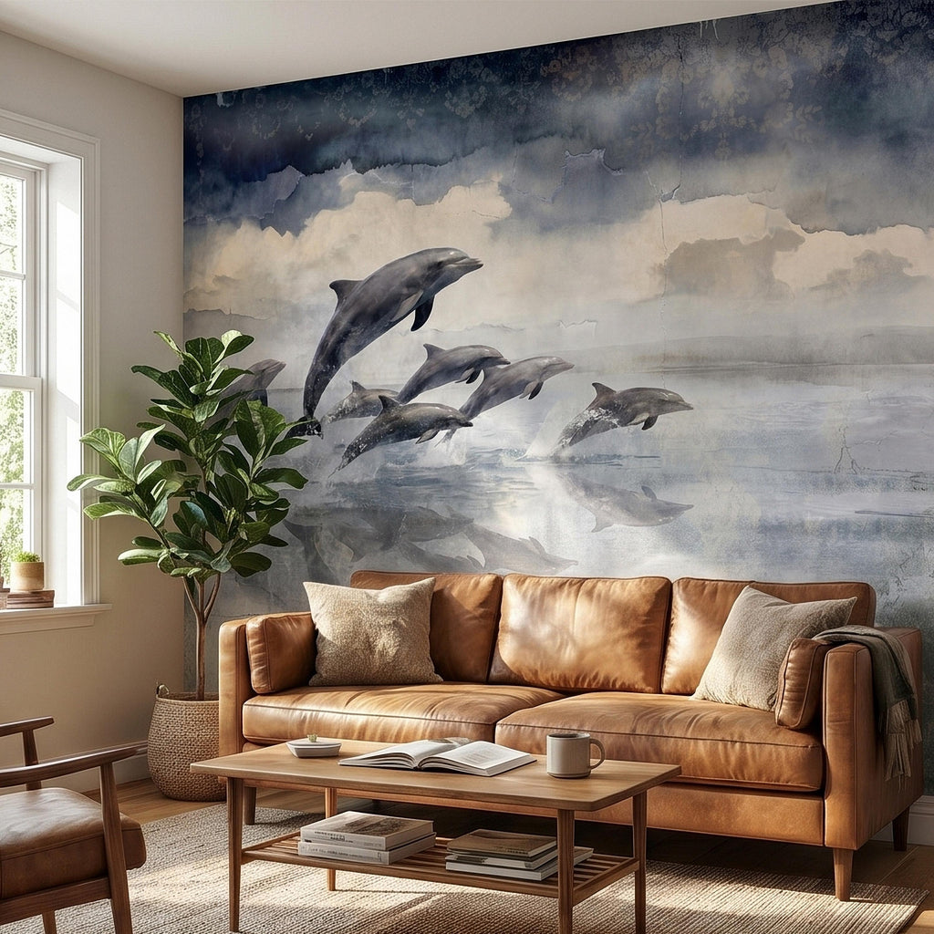 Watercolor Dolphins Ocean Peel and Stick Wall Mural, Blue Gray Seascape Coastal Nautical Sea Life, Misty Dreamy Clouds Ocean Waves Wallpaper