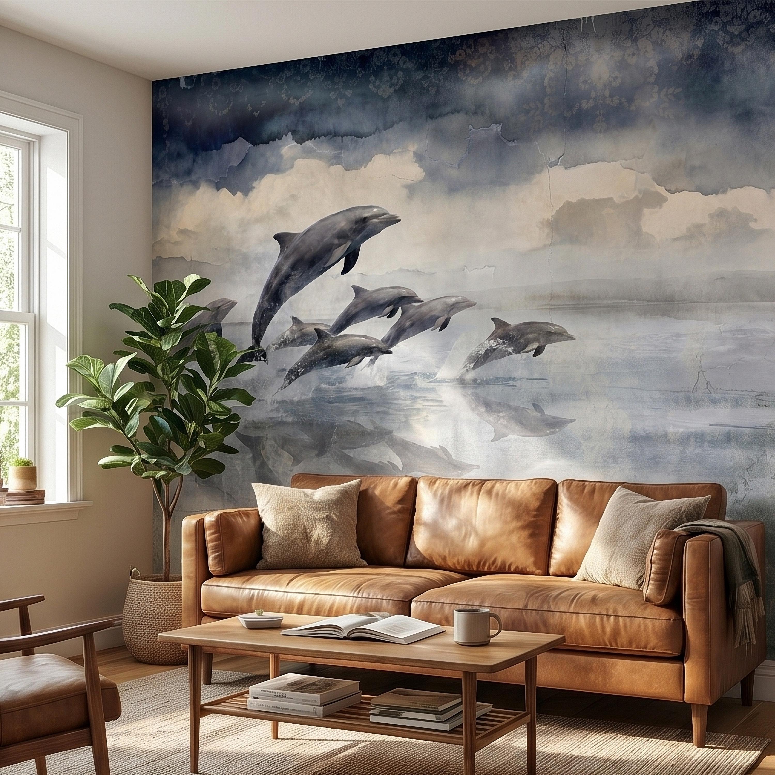 Watercolor Dolphins Ocean Peel and Stick Wall Mural, Blue Gray Seascape Coastal Nautical Sea Life, Misty Dreamy Clouds Ocean Waves Wallpaper