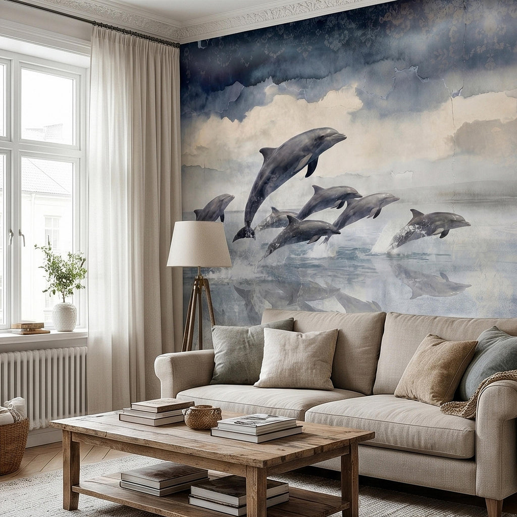 Watercolor Dolphins Ocean Peel and Stick Wall Mural, Blue Gray Seascape Coastal Nautical Sea Life, Misty Dreamy Clouds Ocean Waves Wallpaper
