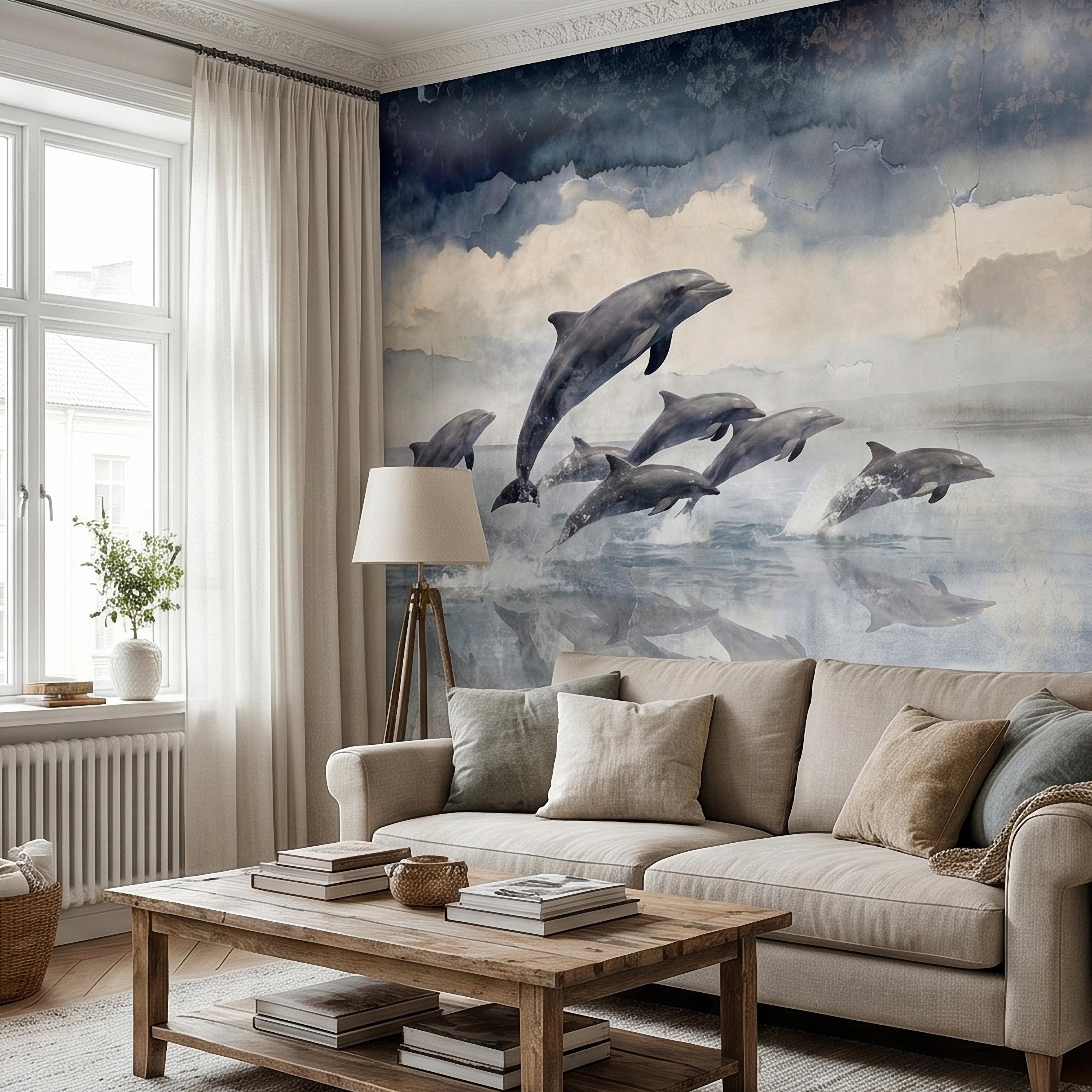 Watercolor Dolphins Ocean Peel and Stick Wall Mural, Blue Gray Seascape Coastal Nautical Sea Life, Misty Dreamy Clouds Ocean Waves Wallpaper