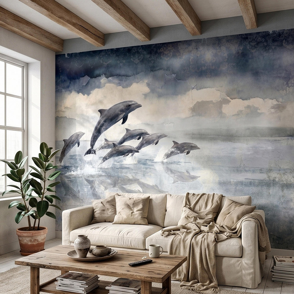 Watercolor Dolphins Ocean Peel and Stick Wall Mural, Blue Gray Seascape Coastal Nautical Sea Life, Misty Dreamy Clouds Ocean Waves Wallpaper