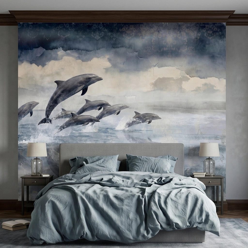 Watercolor Dolphins Ocean Peel and Stick Wall Mural, Blue Gray Seascape Coastal Nautical Sea Life, Misty Dreamy Clouds Ocean Waves Wallpaper