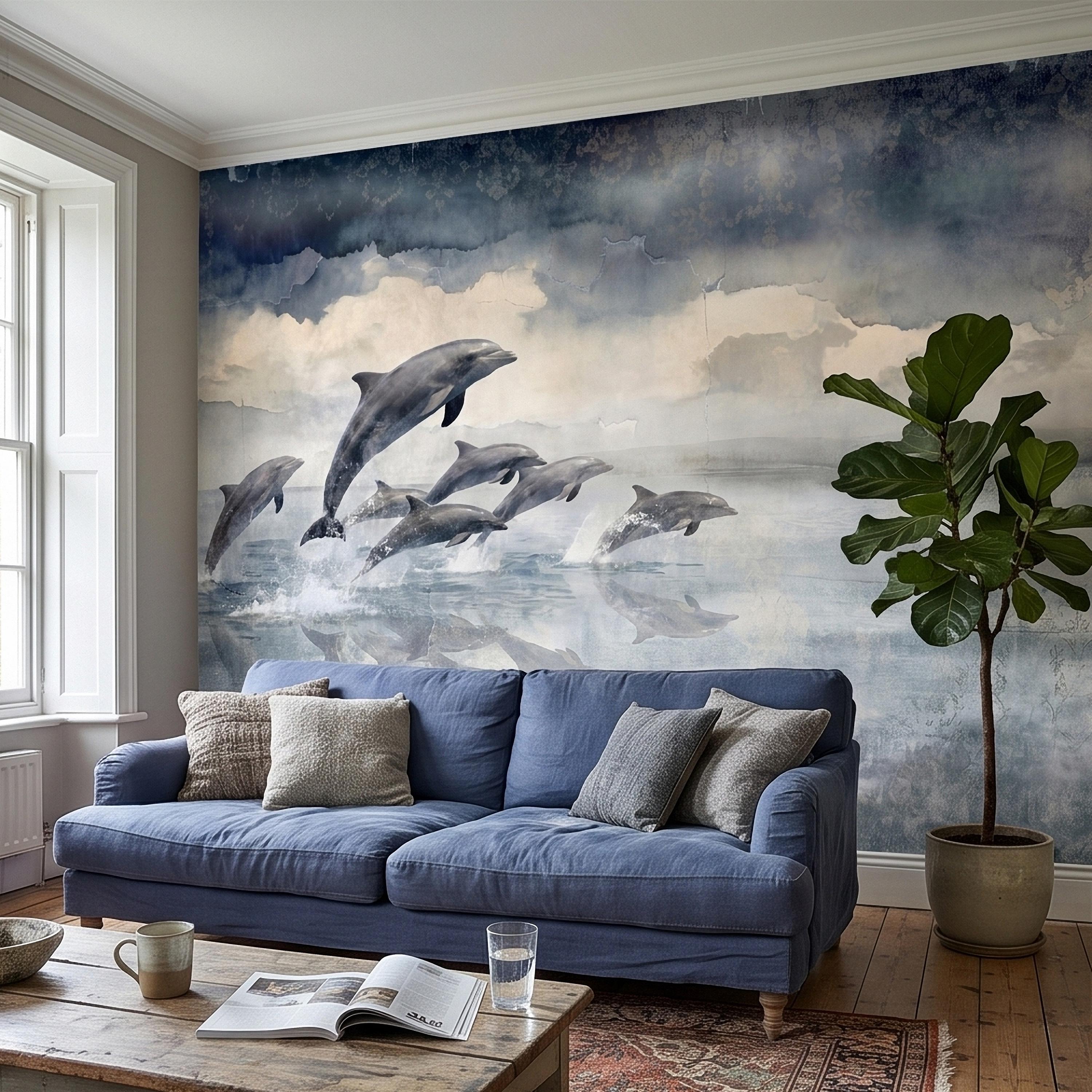 Watercolor Dolphins Ocean Peel and Stick Wall Mural, Blue Gray Seascape Coastal Nautical Sea Life, Misty Dreamy Clouds Ocean Waves Wallpaper