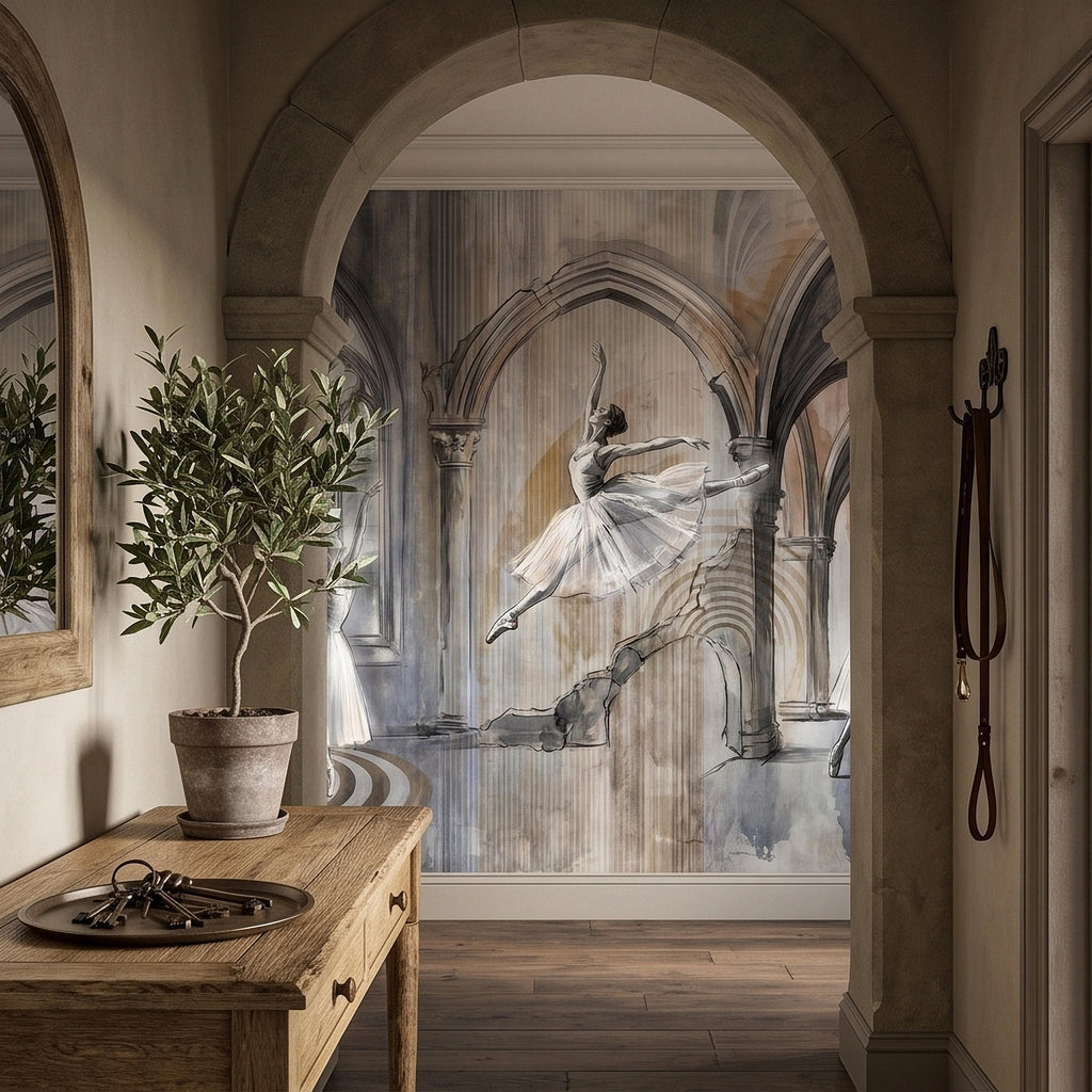Ballet Dancers Peel and Stick Wall Mural, Watercolor Ballerina Sketch Gothic Arches Ballroom Scene Neutral Gray Beige Dance Studio Wallpaper