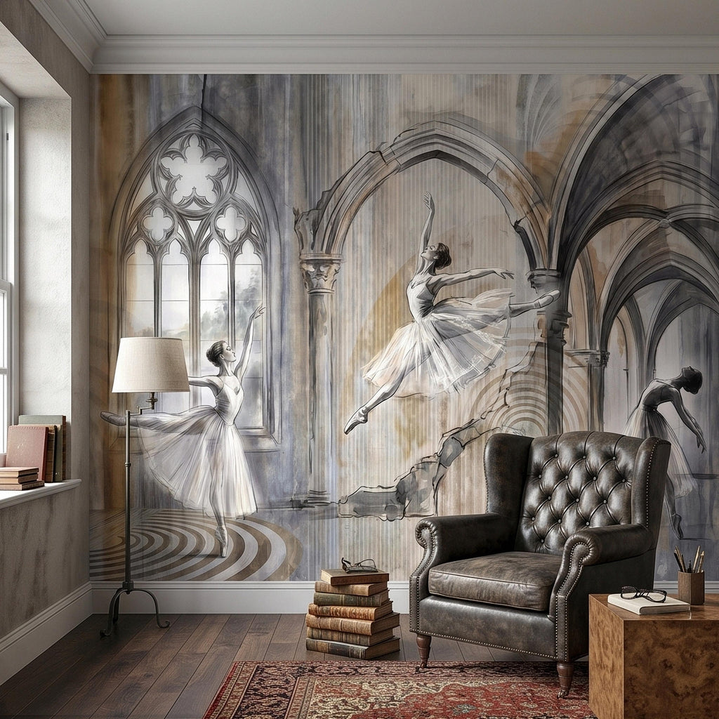 Ballet Dancers Peel and Stick Wall Mural, Watercolor Ballerina Sketch Gothic Arches Ballroom Scene Neutral Gray Beige Dance Studio Wallpaper