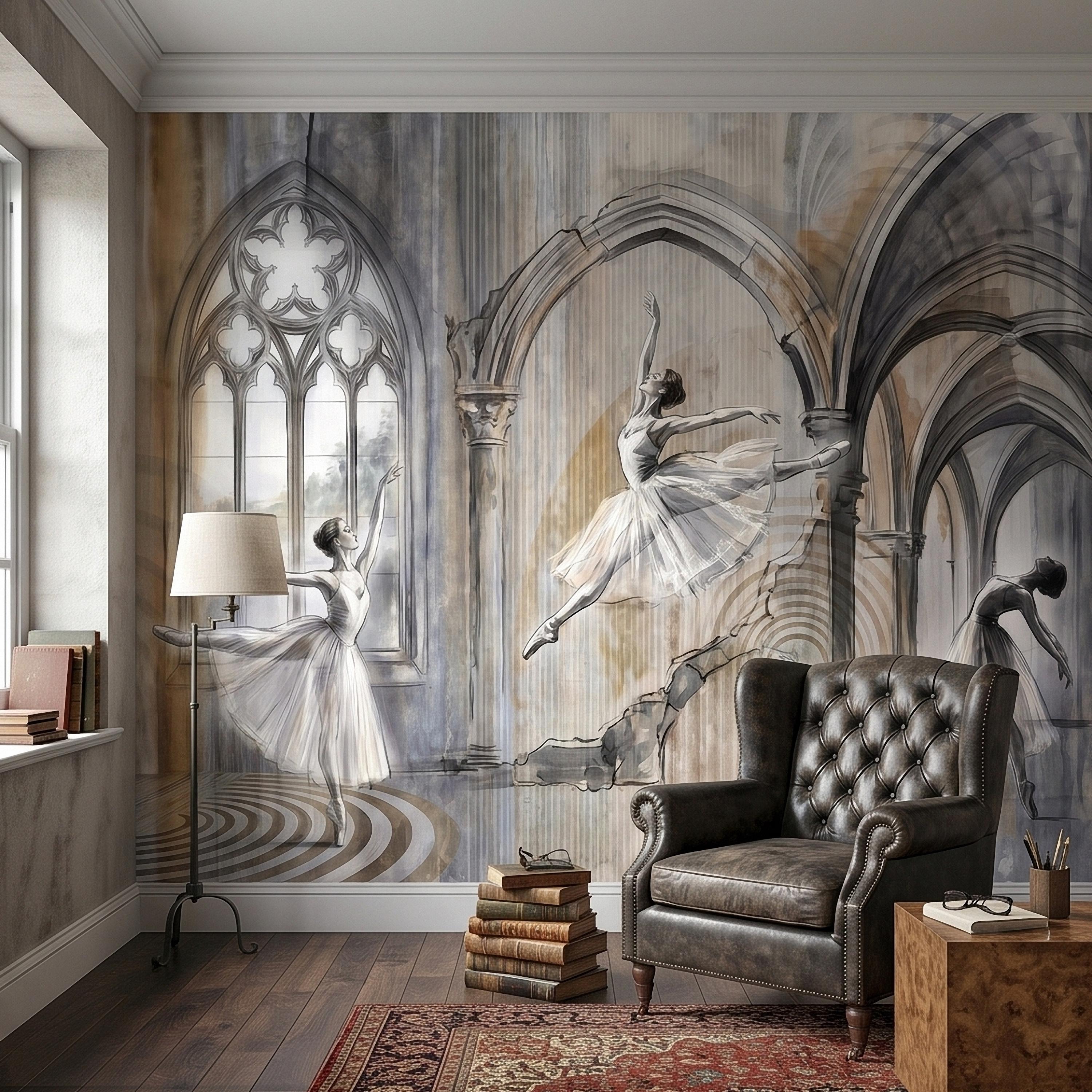 Ballet Dancers Peel and Stick Wall Mural, Watercolor Ballerina Sketch Gothic Arches Ballroom Scene Neutral Gray Beige Dance Studio Wallpaper