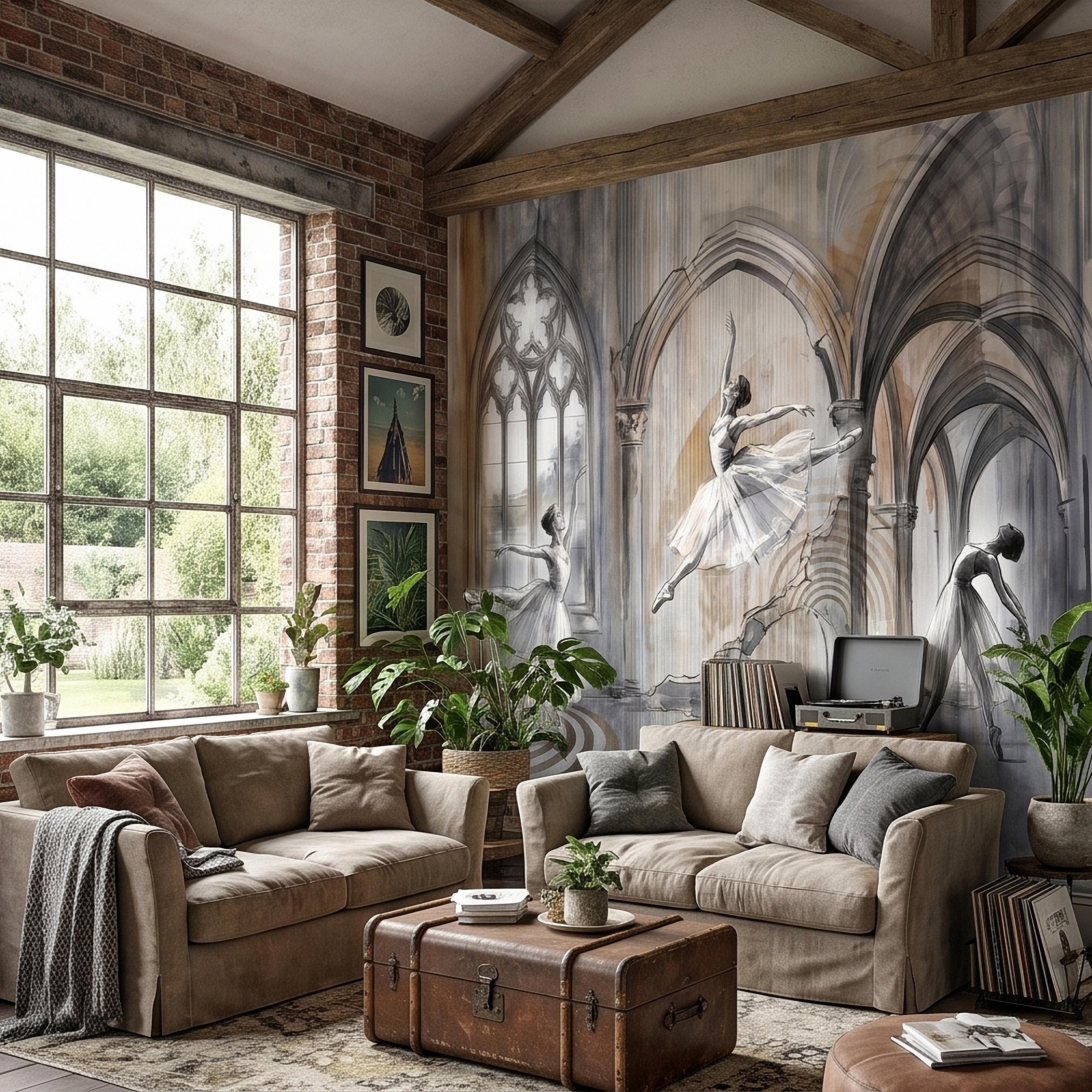 Ballet Dancers Peel and Stick Wall Mural, Watercolor Ballerina Sketch Gothic Arches Ballroom Scene Neutral Gray Beige Dance Studio Wallpaper