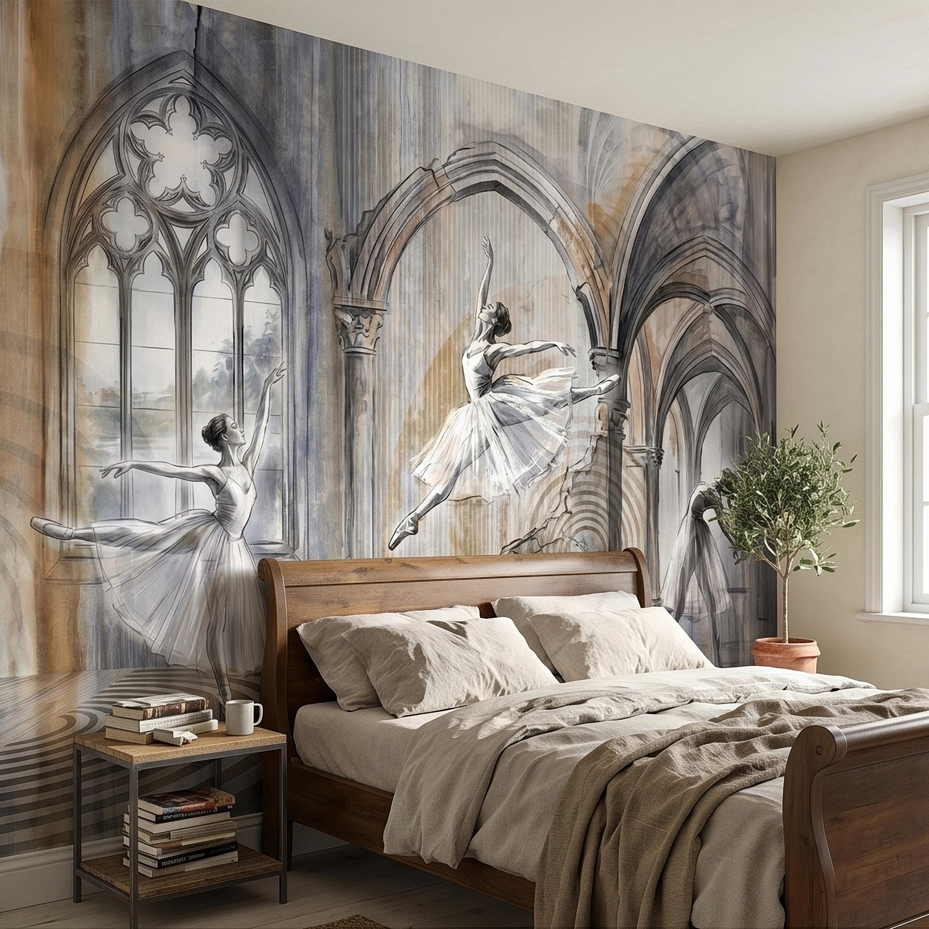 Ballet Dancers Peel and Stick Wall Mural, Watercolor Ballerina Sketch Gothic Arches Ballroom Scene Neutral Gray Beige Dance Studio Wallpaper