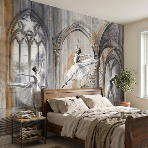 Ballerina watercolor wall mural featuring three dancers beneath arched Gothic windows.