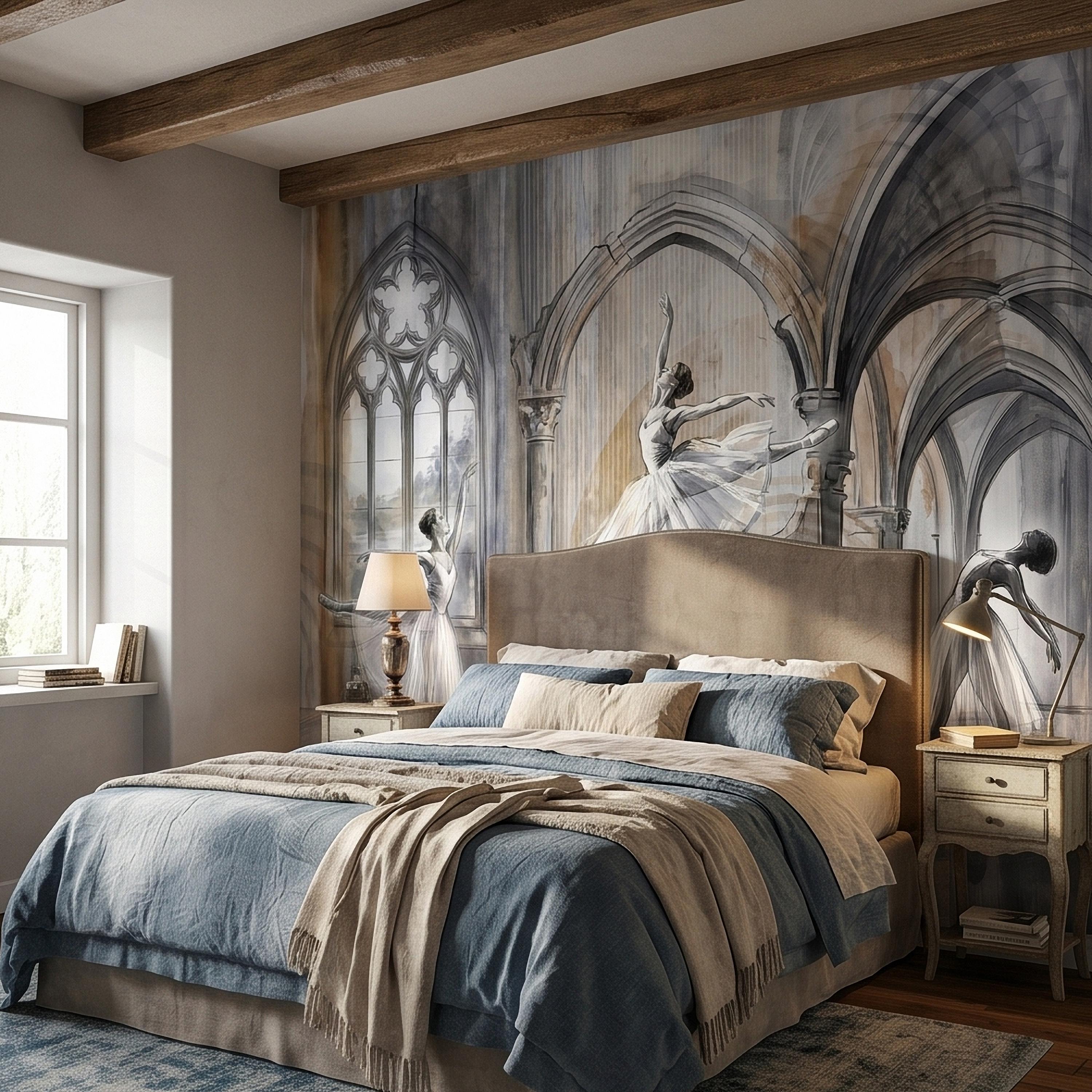 Ballet Dancers Peel and Stick Wall Mural, Watercolor Ballerina Sketch Gothic Arches Ballroom Scene Neutral Gray Beige Dance Studio Wallpaper