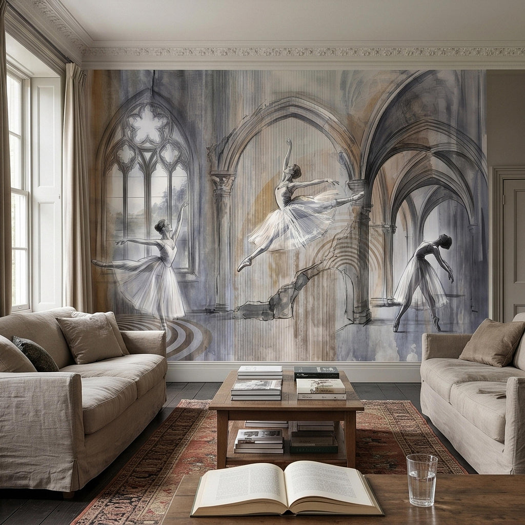 Ballet Dancers Peel and Stick Wall Mural, Watercolor Ballerina Sketch Gothic Arches Ballroom Scene Neutral Gray Beige Dance Studio Wallpaper