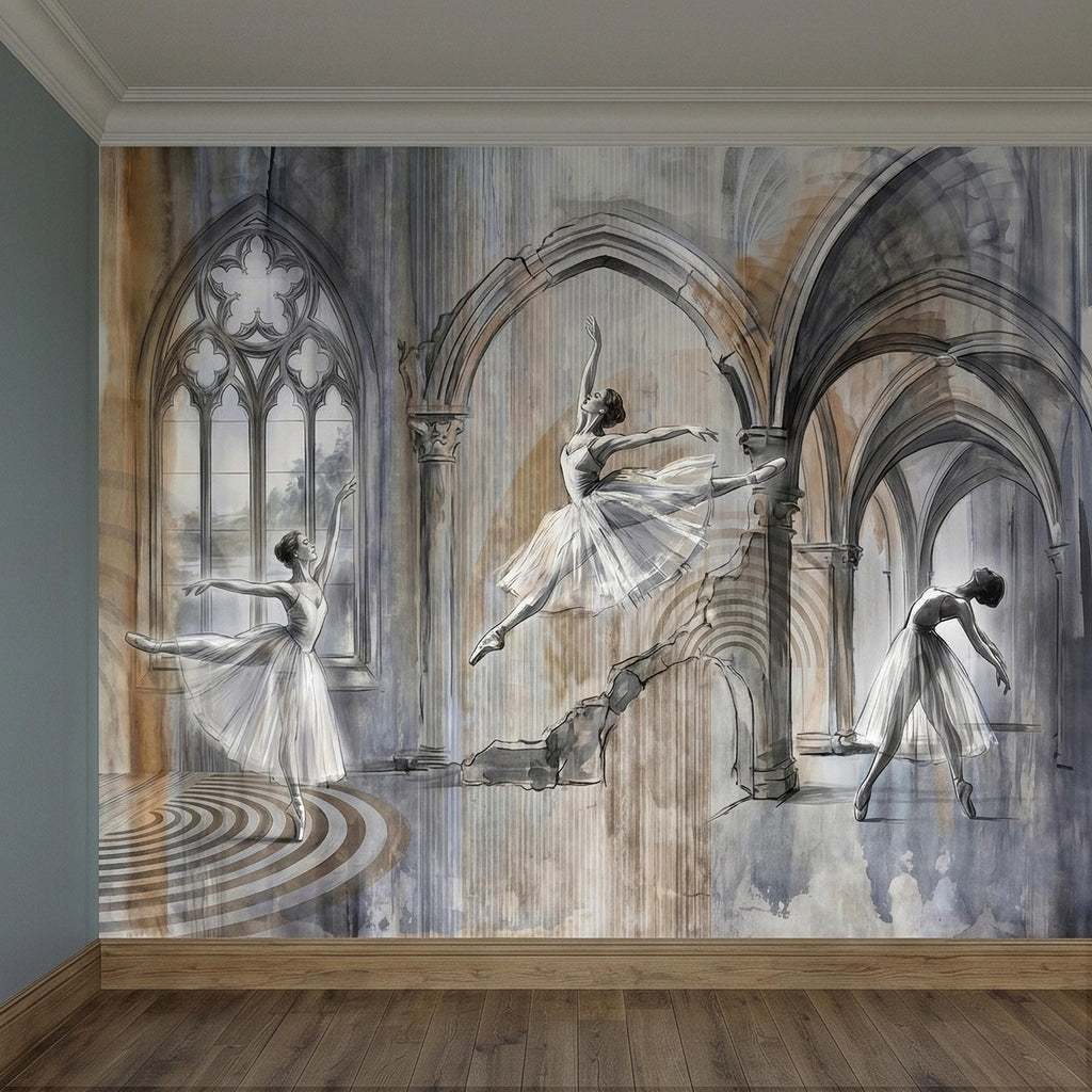 Ballet Dancers Peel and Stick Wall Mural, Watercolor Ballerina Sketch Gothic Arches Ballroom Scene Neutral Gray Beige Dance Studio Wallpaper