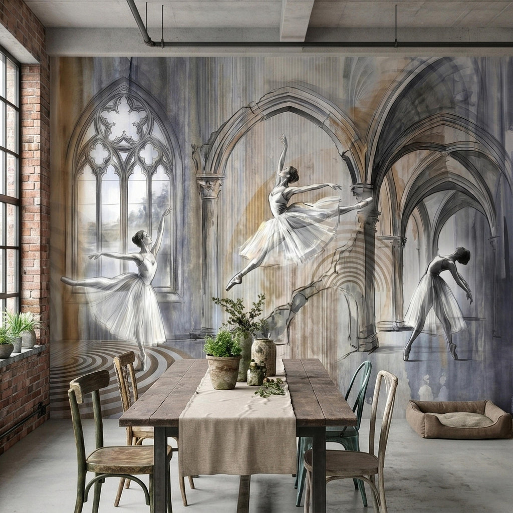Ballet Dancers Peel and Stick Wall Mural, Watercolor Ballerina Sketch Gothic Arches Ballroom Scene Neutral Gray Beige Dance Studio Wallpaper
