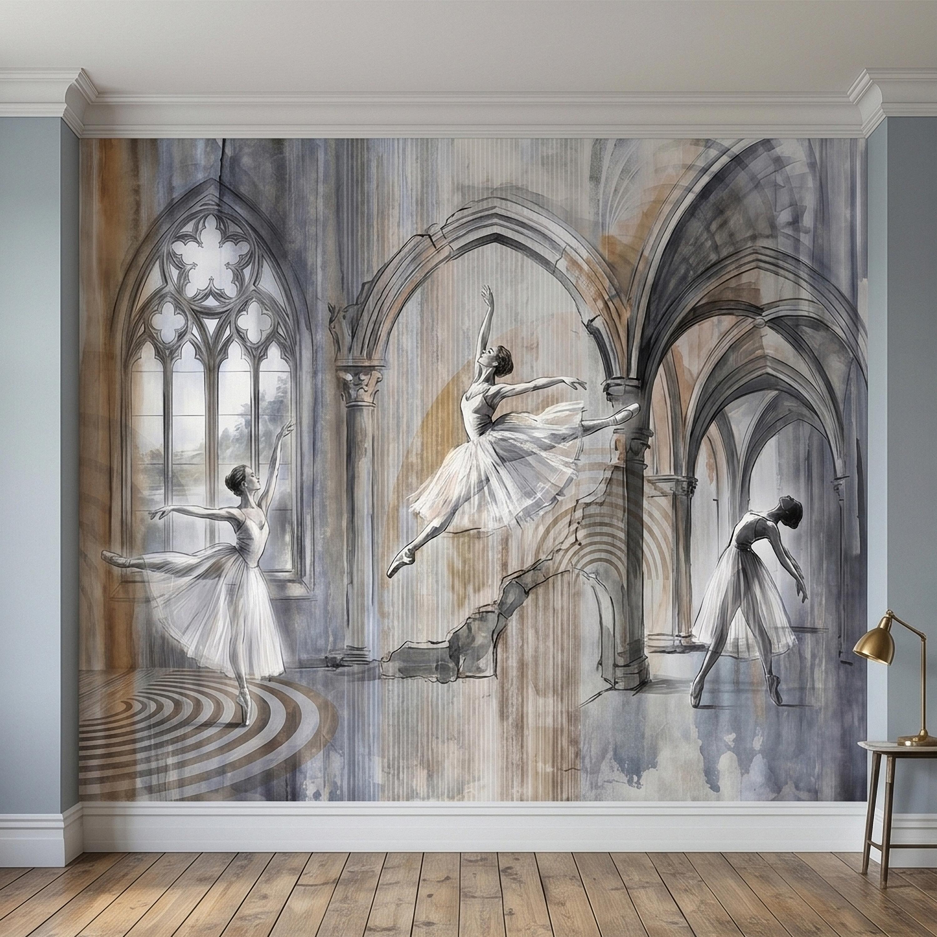 Ballet Dancers Peel and Stick Wall Mural, Watercolor Ballerina Sketch Gothic Arches Ballroom Scene Neutral Gray Beige Dance Studio Wallpaper