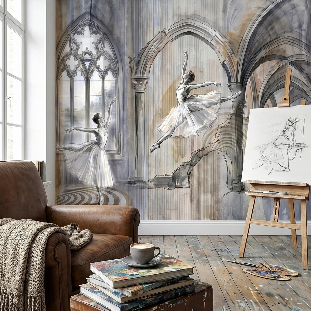 Ballet Dancers Peel and Stick Wall Mural, Watercolor Ballerina Sketch Gothic Arches Ballroom Scene Neutral Gray Beige Dance Studio Wallpaper