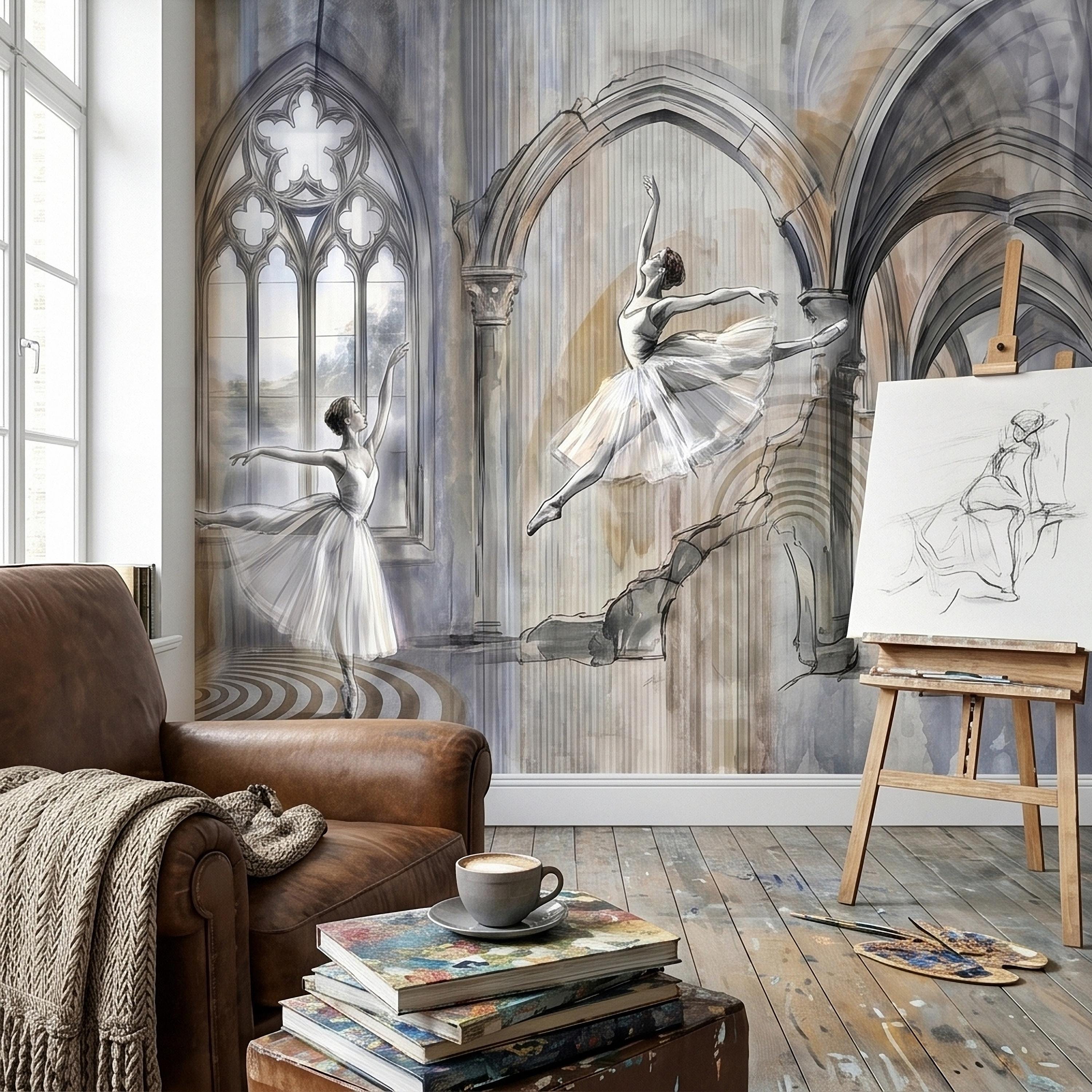 Ballet Dancers Peel and Stick Wall Mural, Watercolor Ballerina Sketch Gothic Arches Ballroom Scene Neutral Gray Beige Dance Studio Wallpaper