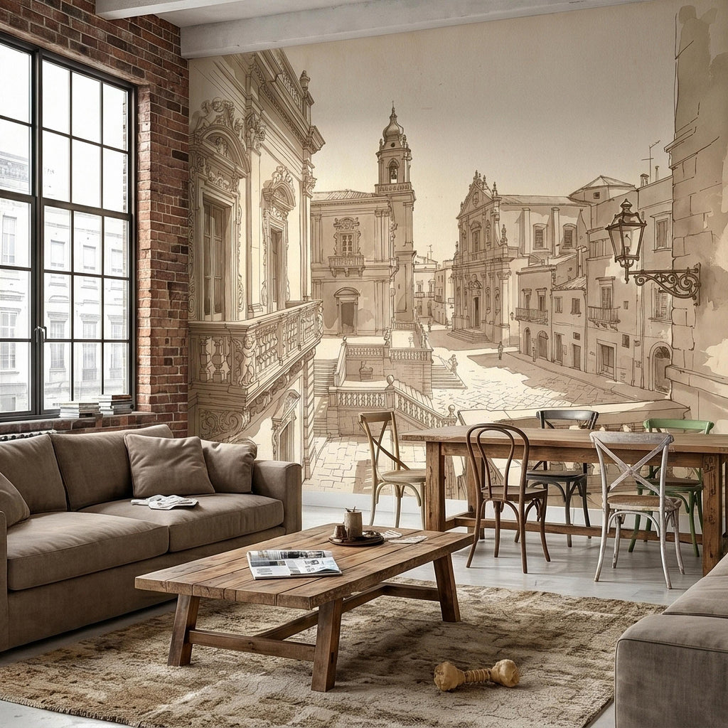 Italian Old Town Street Peel and Stick Wall Mural, Vintage Architecture Sketch, European Piazza Line Drawing, Sepia Beige Neutral Wallpaper
