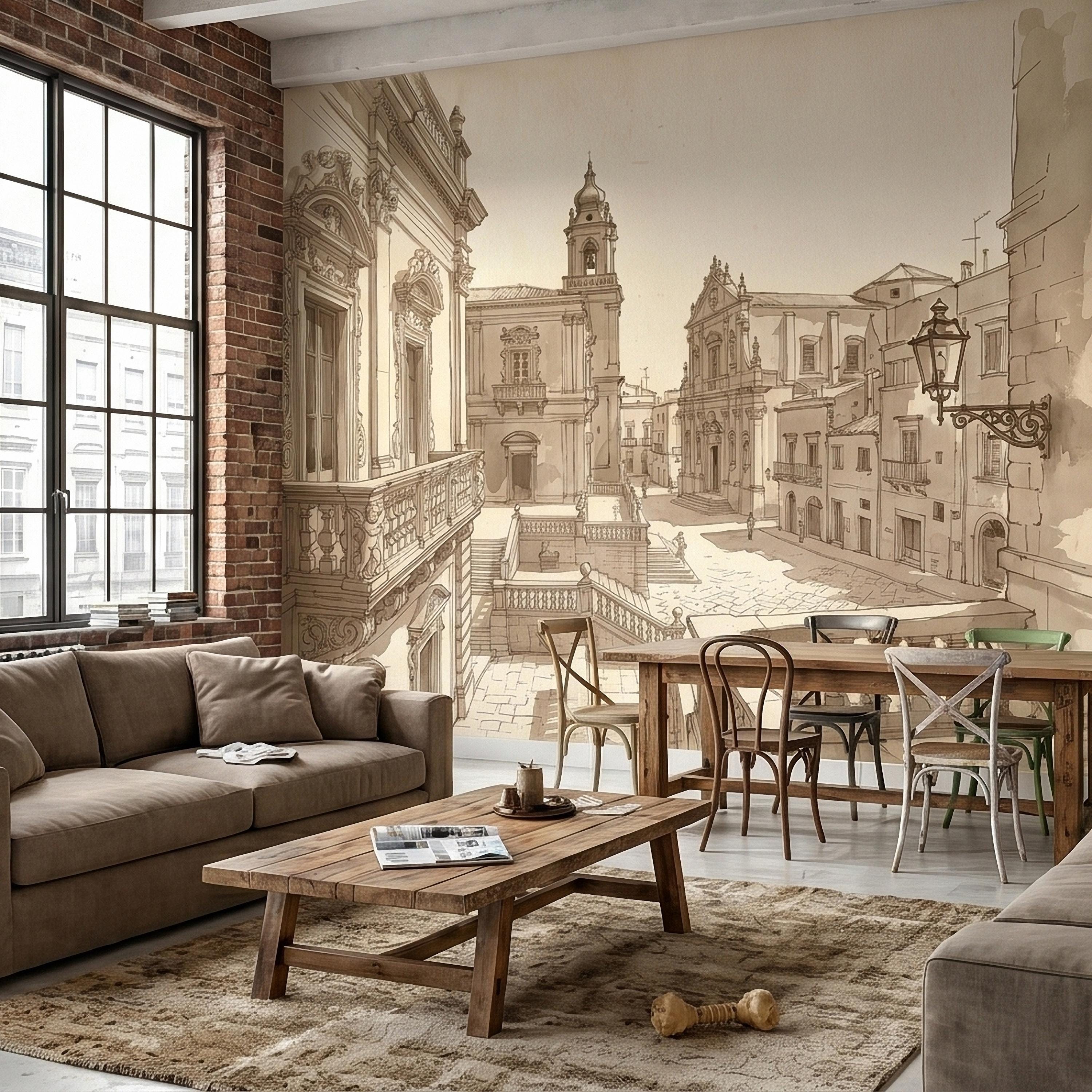 Italian Old Town Street Peel and Stick Wall Mural, Vintage Architecture Sketch, European Piazza Line Drawing, Sepia Beige Neutral Wallpaper