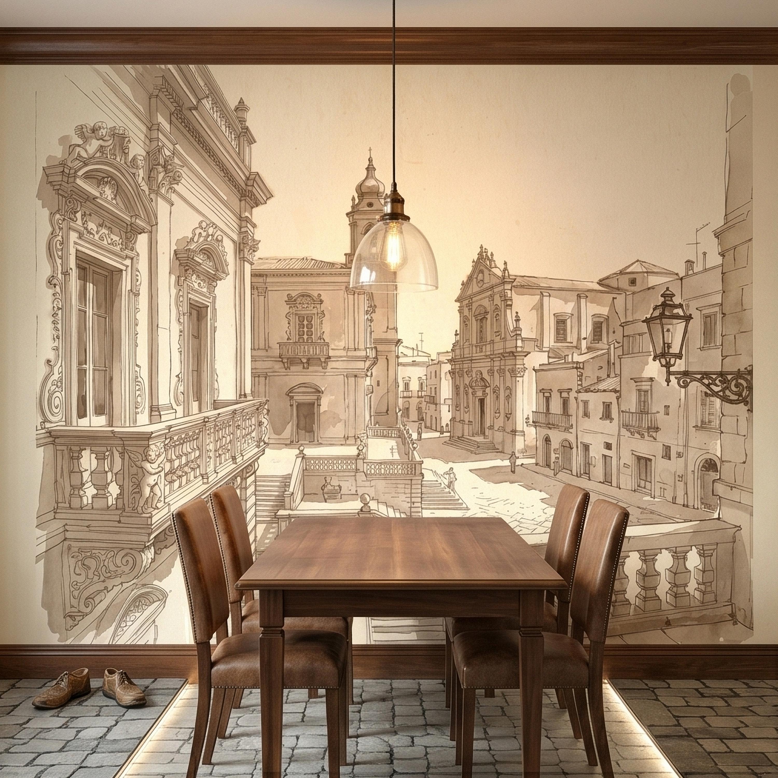Italian Old Town Street Peel and Stick Wall Mural, Vintage Architecture Sketch, European Piazza Line Drawing, Sepia Beige Neutral Wallpaper