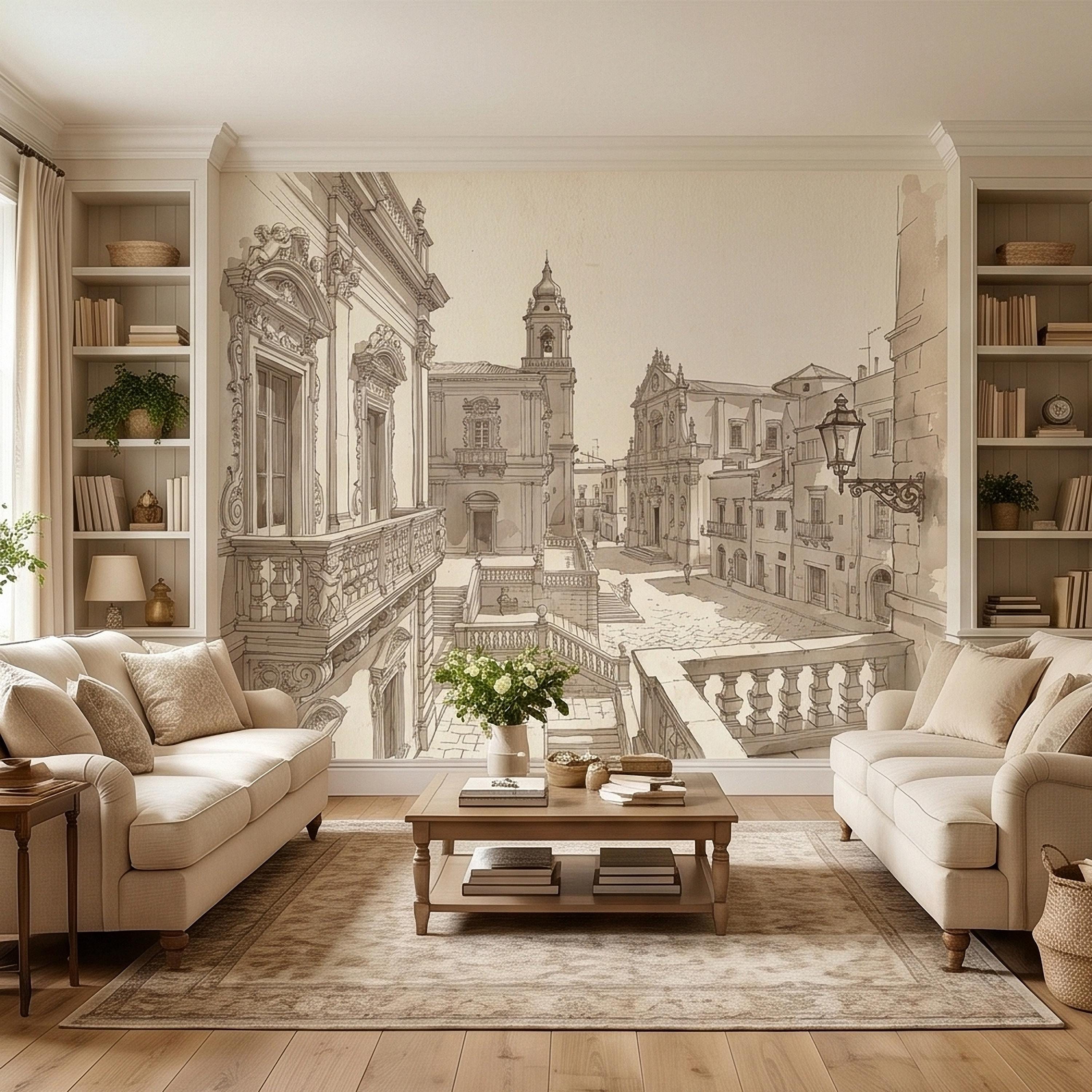 Italian Old Town Street Peel and Stick Wall Mural, Vintage Architecture Sketch, European Piazza Line Drawing, Sepia Beige Neutral Wallpaper